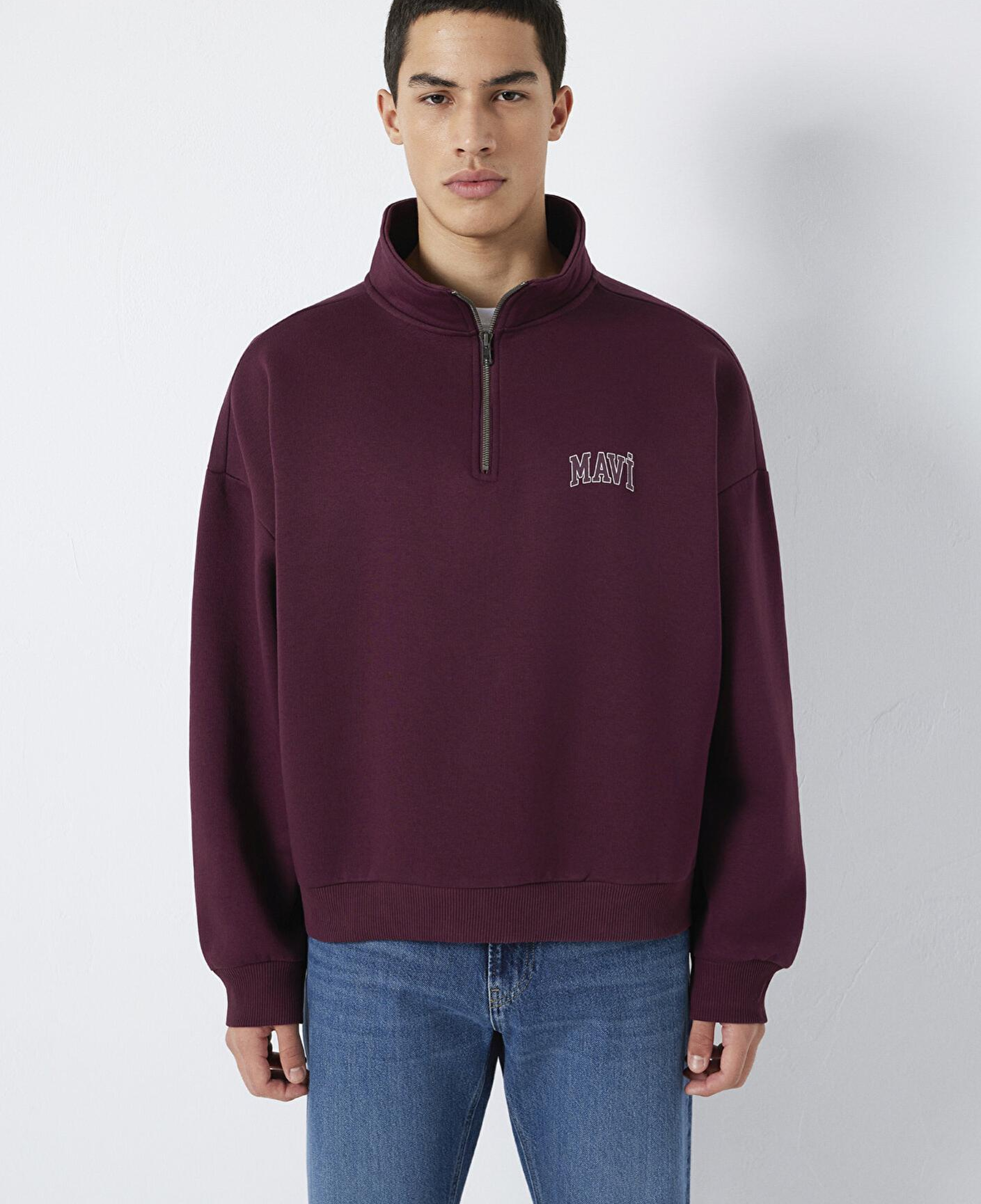 Mavi Mavi Logo Baskılı Yarı Fermuarlı Bordo Sweatshirt 0S10208-70434