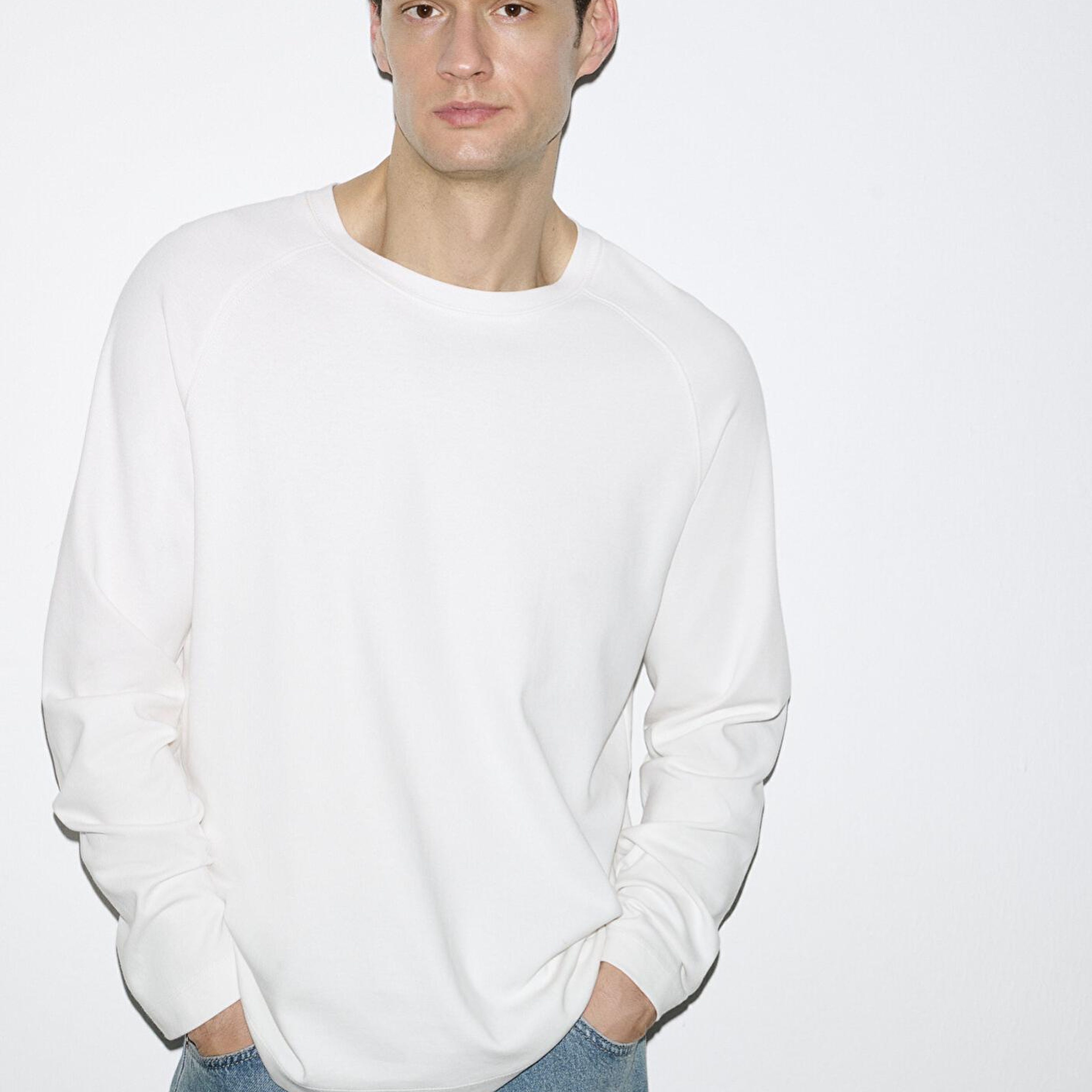 Mavi Uzun Kollu Ekru Basic Tişört Loose Fit / Bol Rahat Kesim 0613169-70057