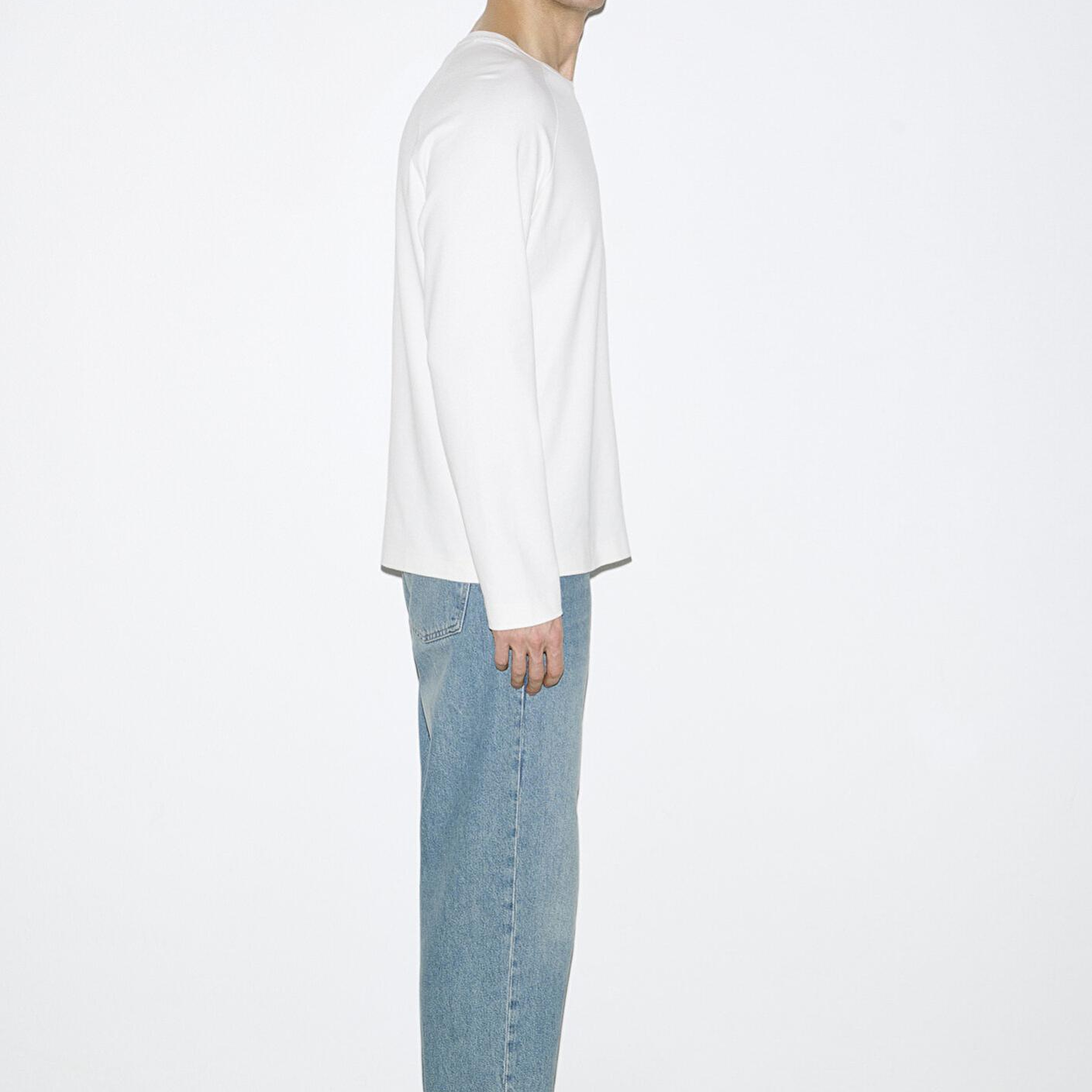 Mavi Uzun Kollu Ekru Basic Tişört Loose Fit / Bol Rahat Kesim 0613169-70057