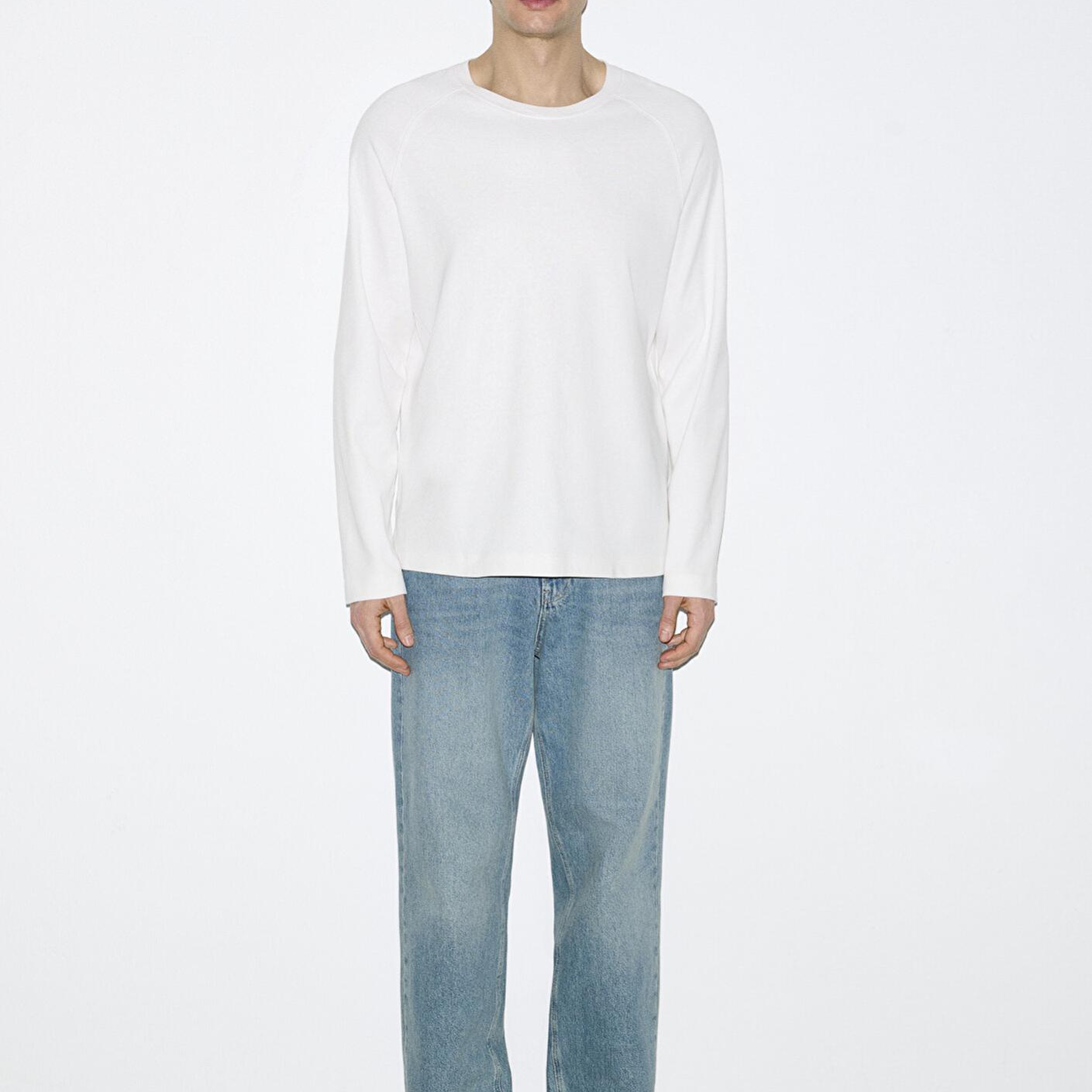 Mavi Uzun Kollu Ekru Basic Tişört Loose Fit / Bol Rahat Kesim 0613169-70057