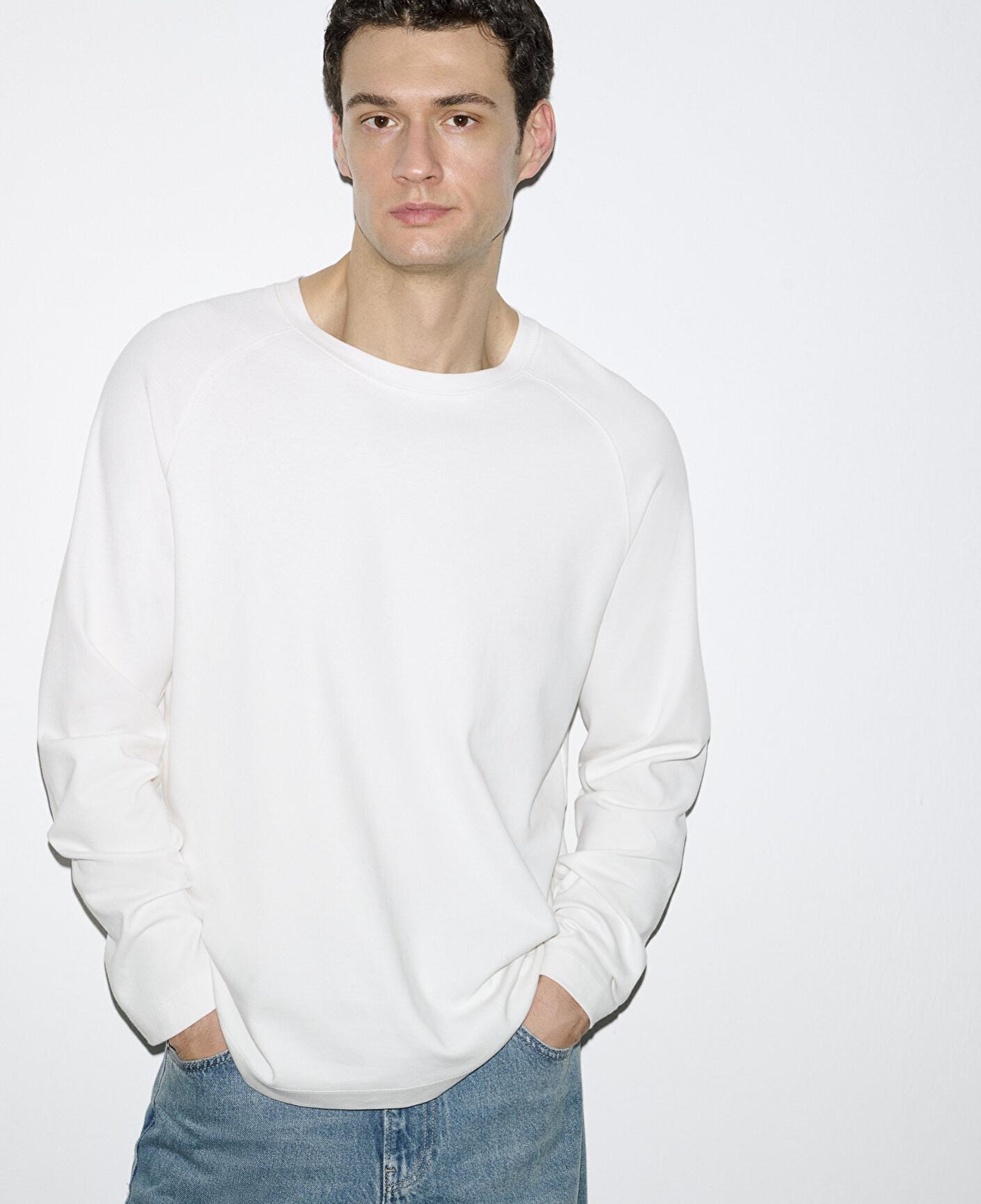 Mavi Uzun Kollu Ekru Basic Tişört Loose Fit / Bol Rahat Kesim 0613169-70057