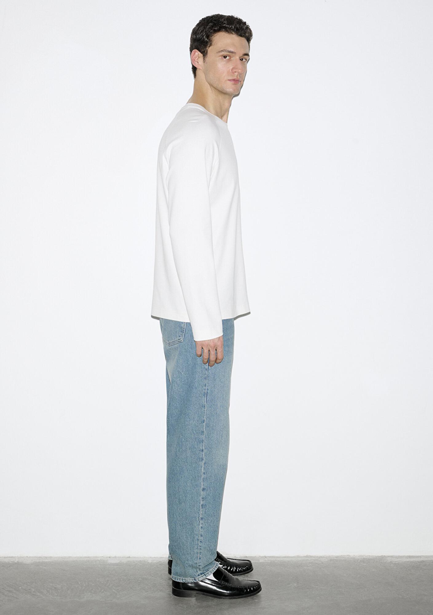 Mavi Uzun Kollu Ekru Basic Tişört Loose Fit / Bol Rahat Kesim 0613169-70057