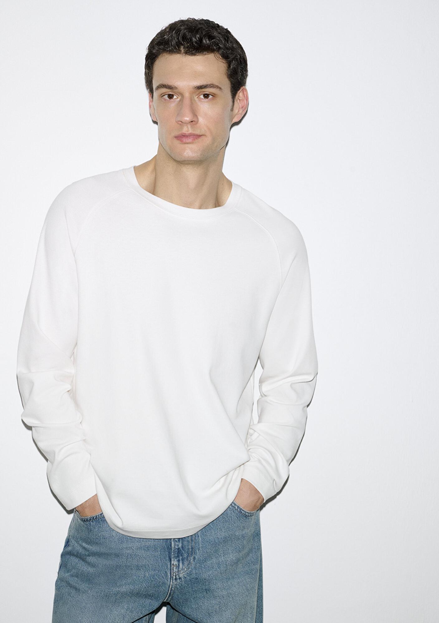 Mavi Uzun Kollu Ekru Basic Tişört Loose Fit / Bol Rahat Kesim 0613169-70057