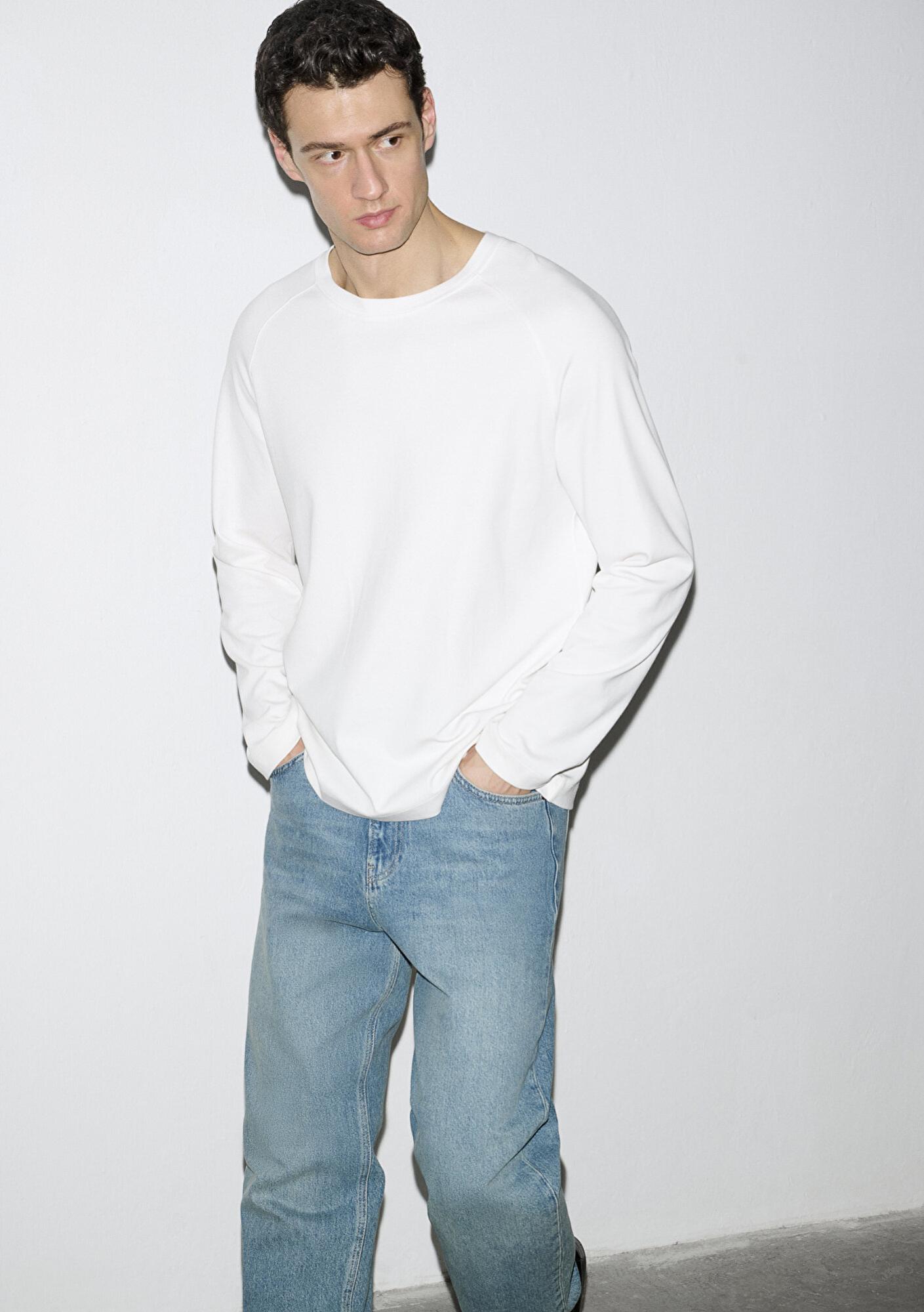 Mavi Uzun Kollu Ekru Basic Tişört Loose Fit / Bol Rahat Kesim 0613169-70057