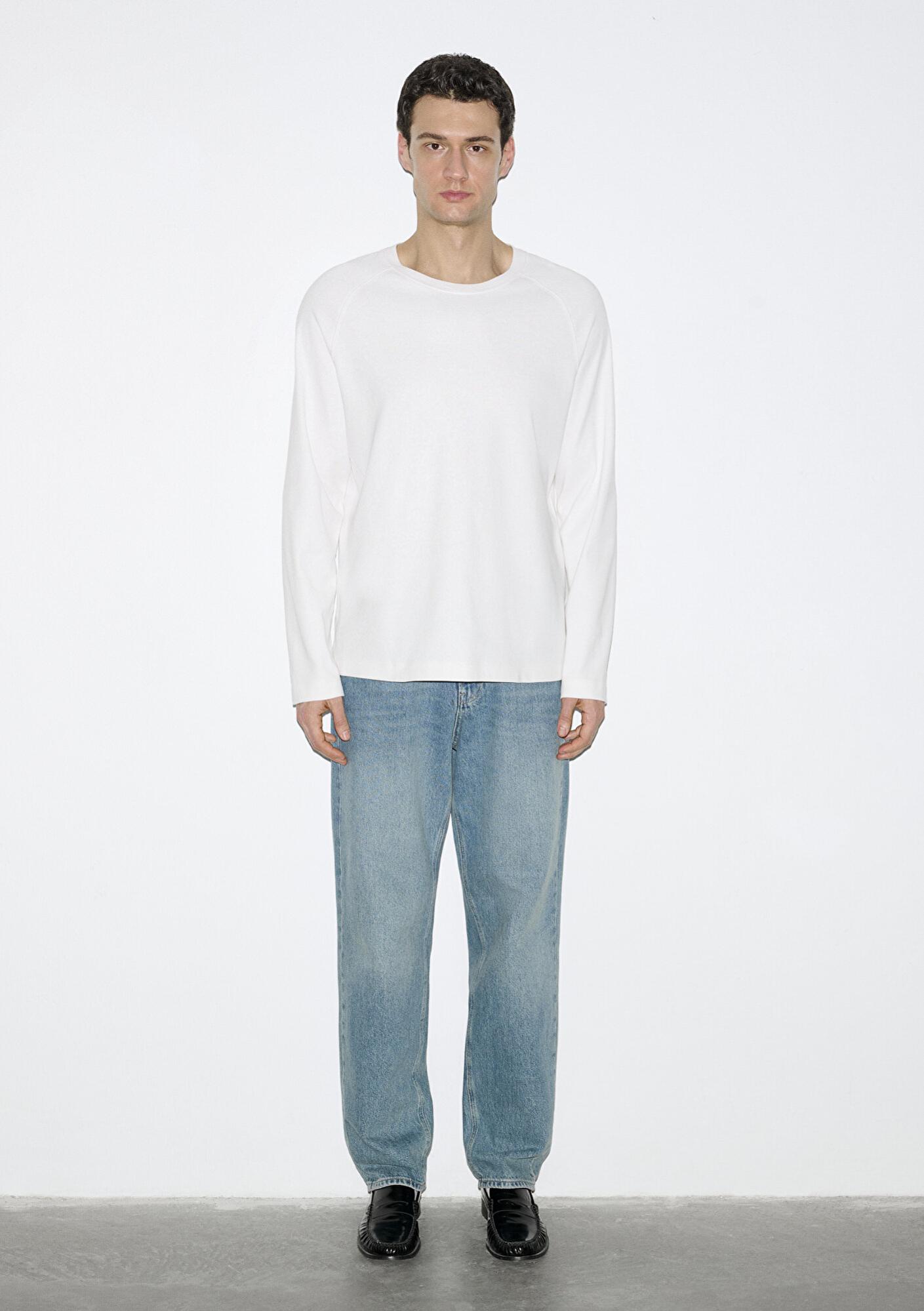 Mavi Uzun Kollu Ekru Basic Tişört Loose Fit / Bol Rahat Kesim 0613169-70057