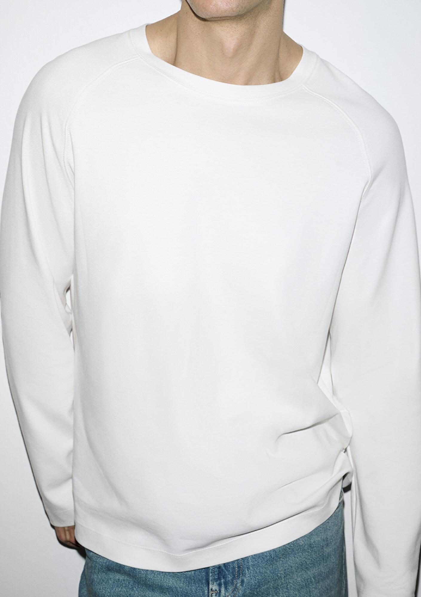 Mavi Uzun Kollu Ekru Basic Tişört Loose Fit / Bol Rahat Kesim 0613169-70057