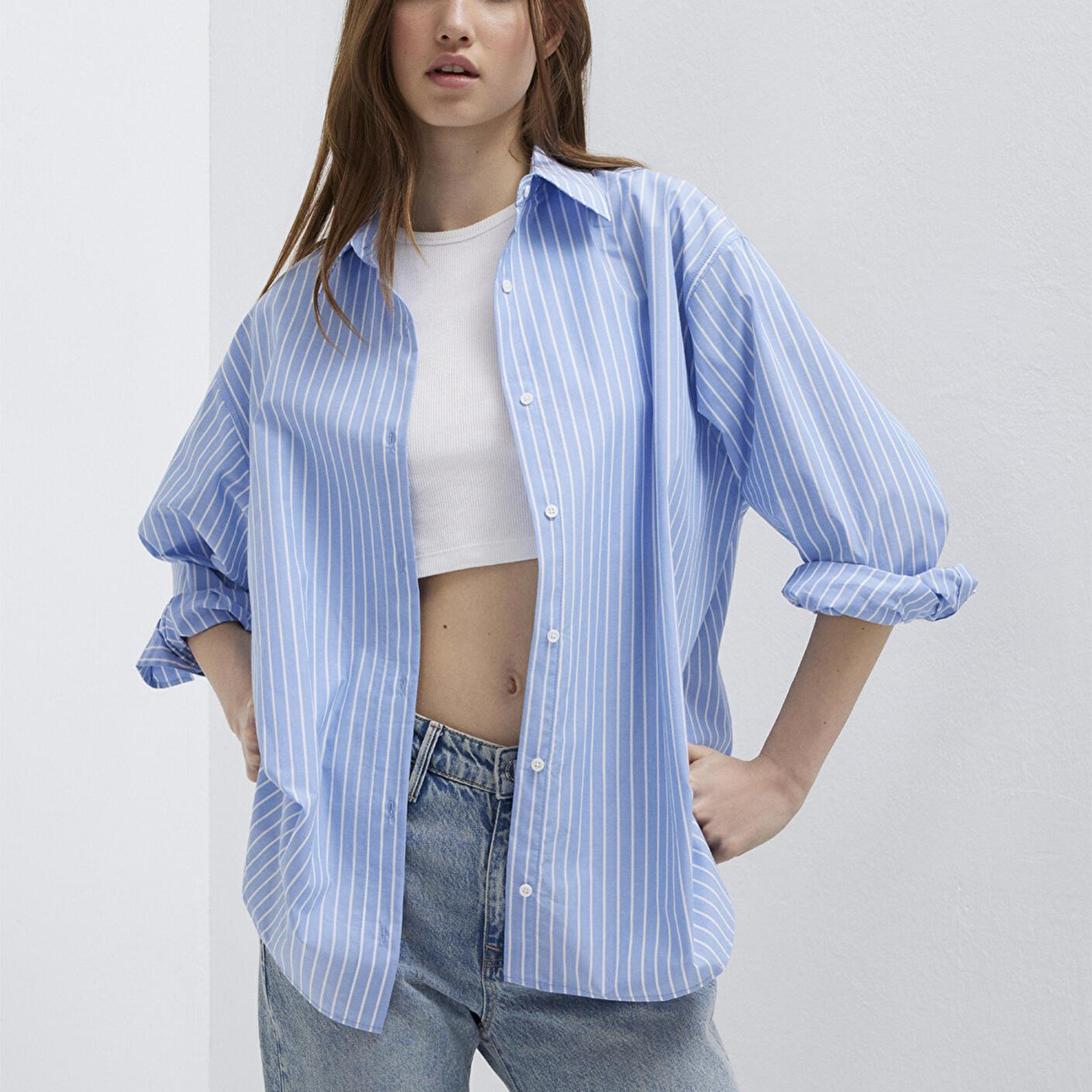 Mavi Çizgili Mavi Gömlek Oversize / Geniş Kesim 1211361-89853