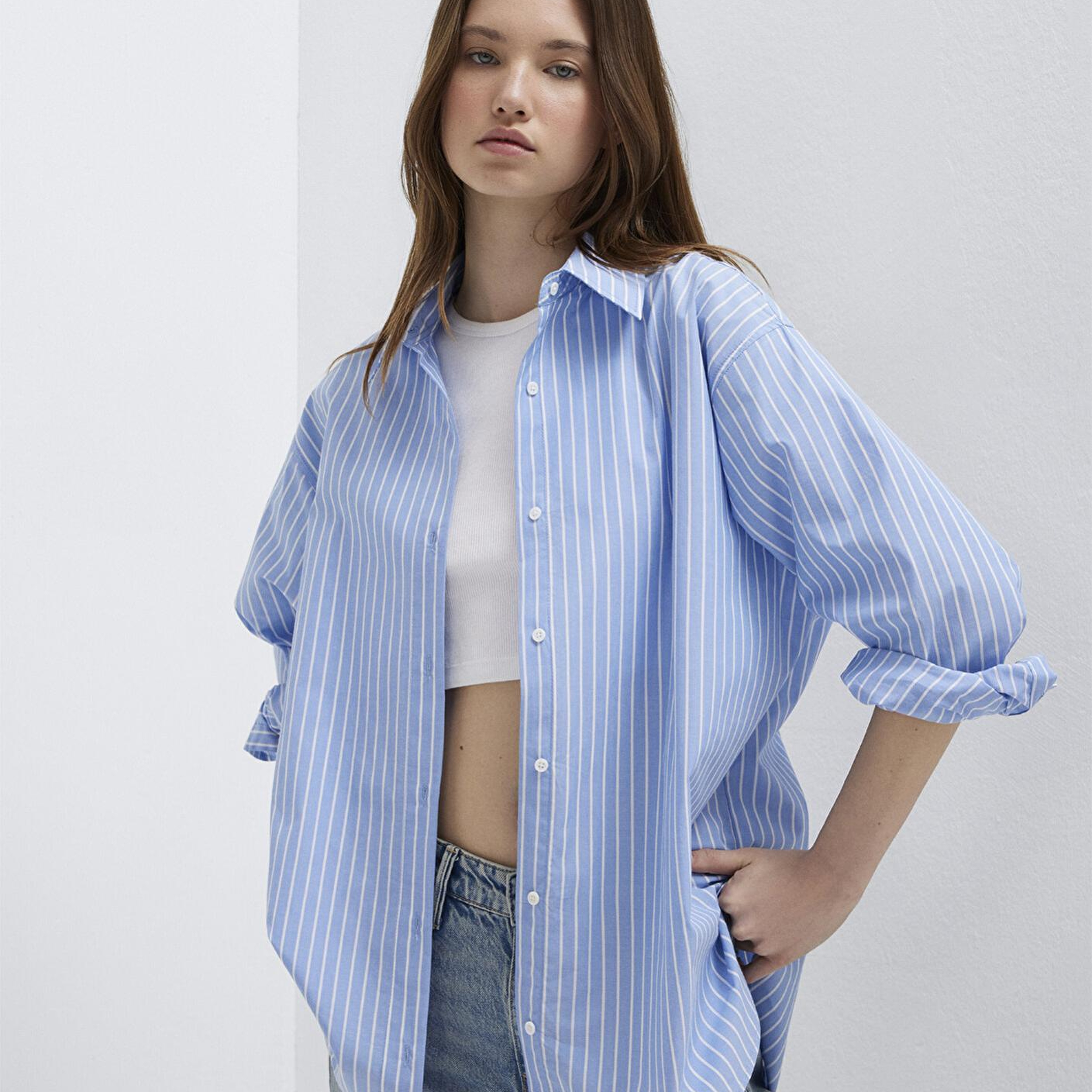 Mavi Çizgili Mavi Gömlek Oversize / Geniş Kesim 1211361-89853