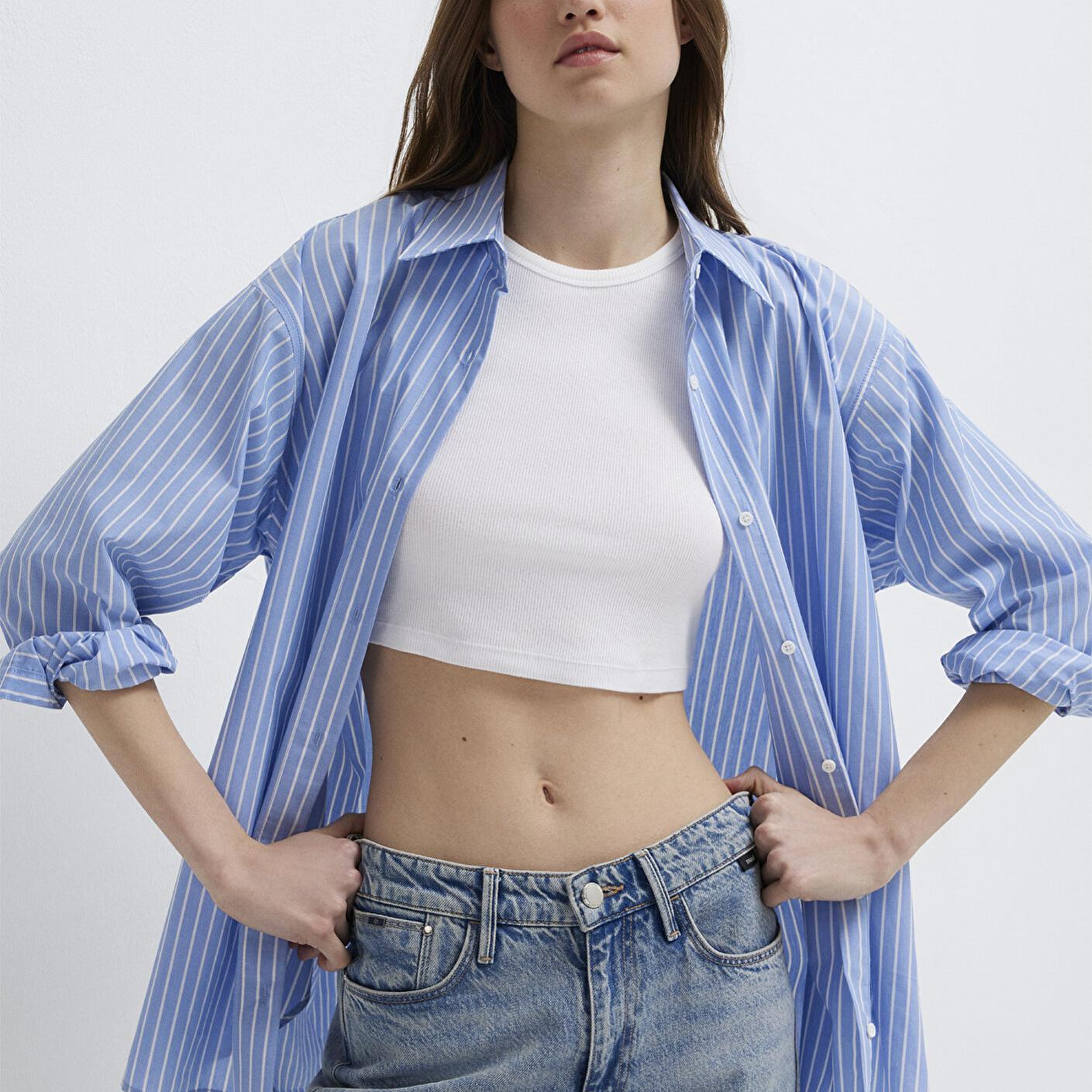 Mavi Çizgili Mavi Gömlek Oversize / Geniş Kesim 1211361-89853