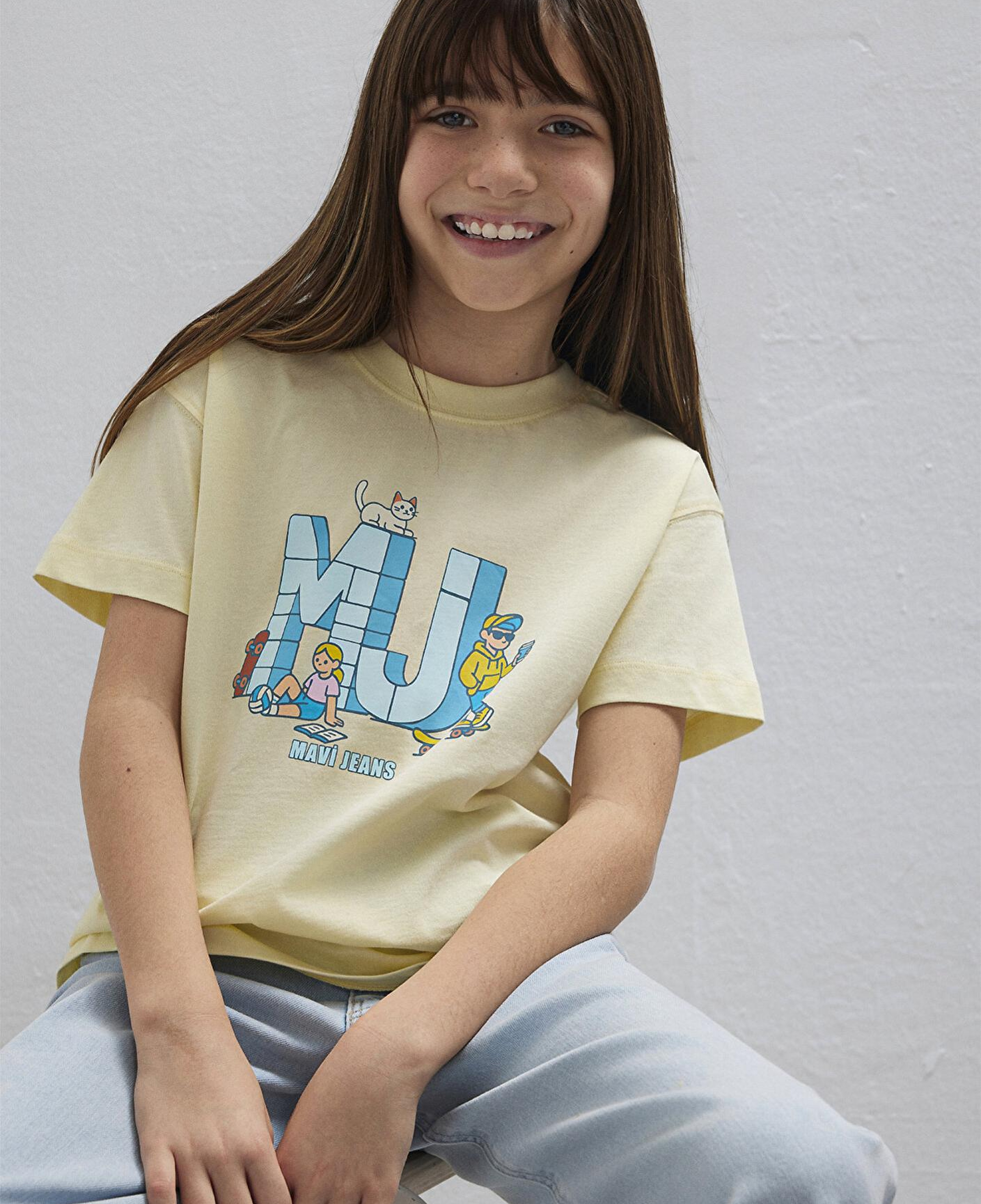 Mavi MJ Logo Baskılı Sarı Tişört Loose Fit / Bol Rahat Kesim 7610431-89143