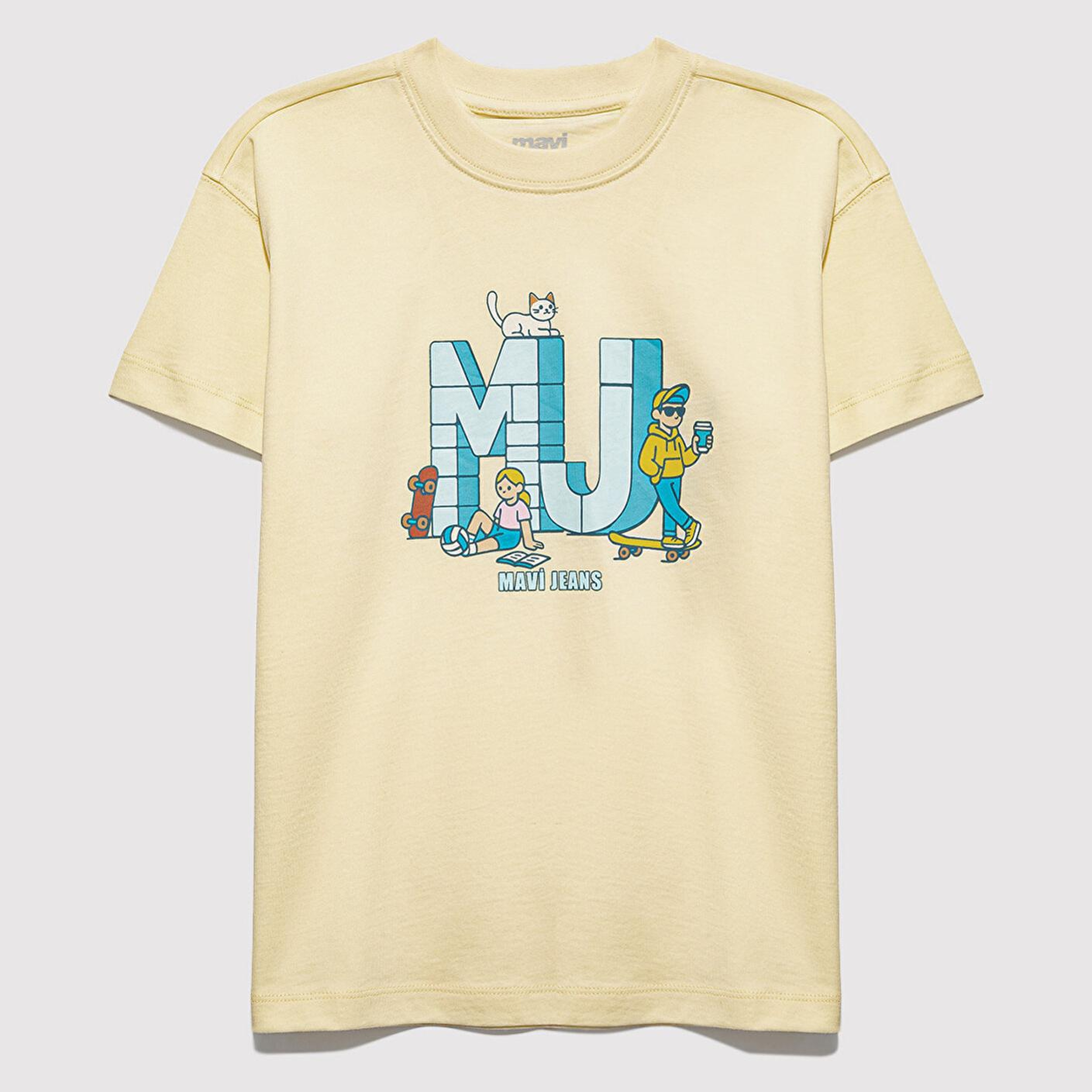 Mavi MJ Logo Baskılı Sarı Tişört Loose Fit / Bol Rahat Kesim 7610431-89143