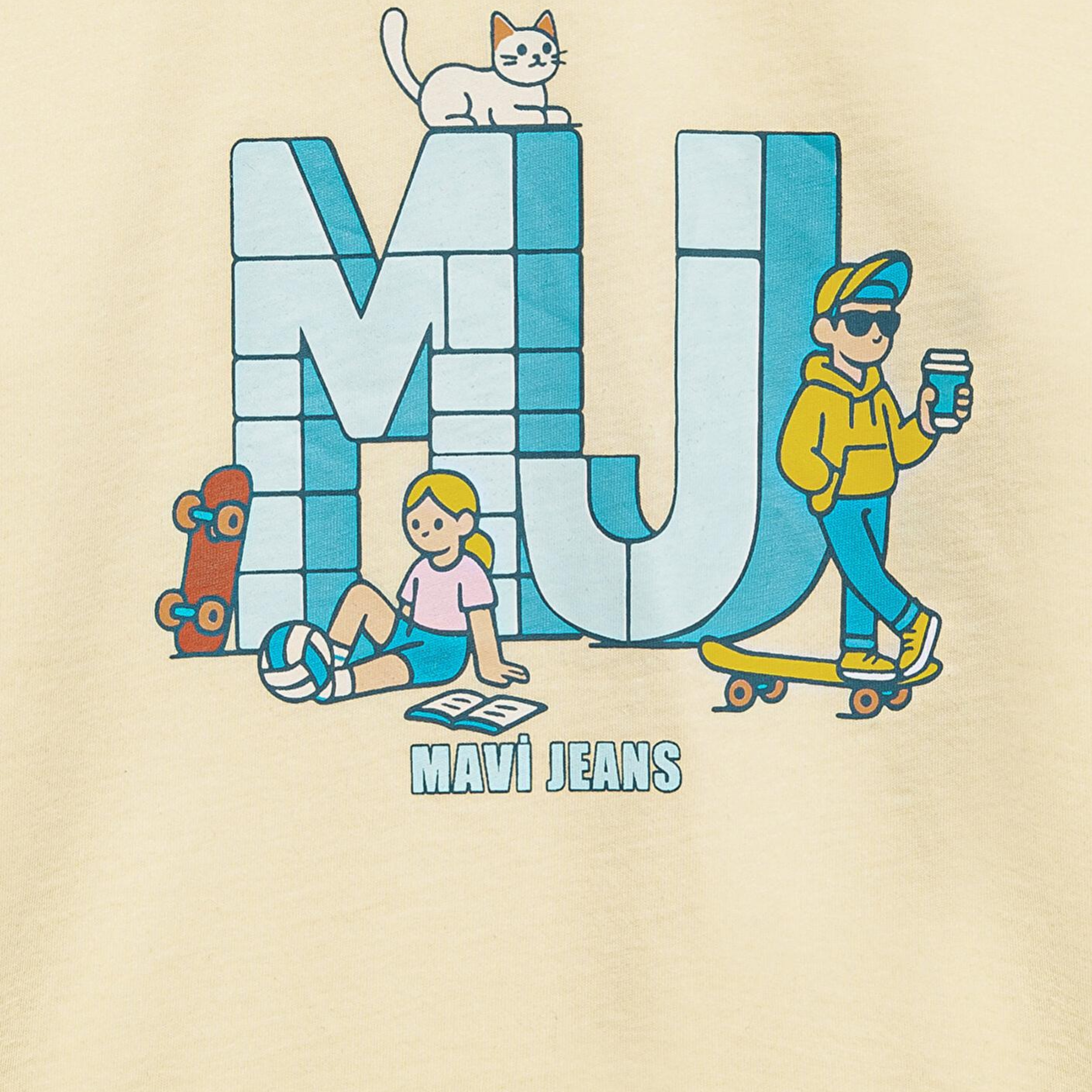 Mavi MJ Logo Baskılı Sarı Tişört Loose Fit / Bol Rahat Kesim 7610431-89143