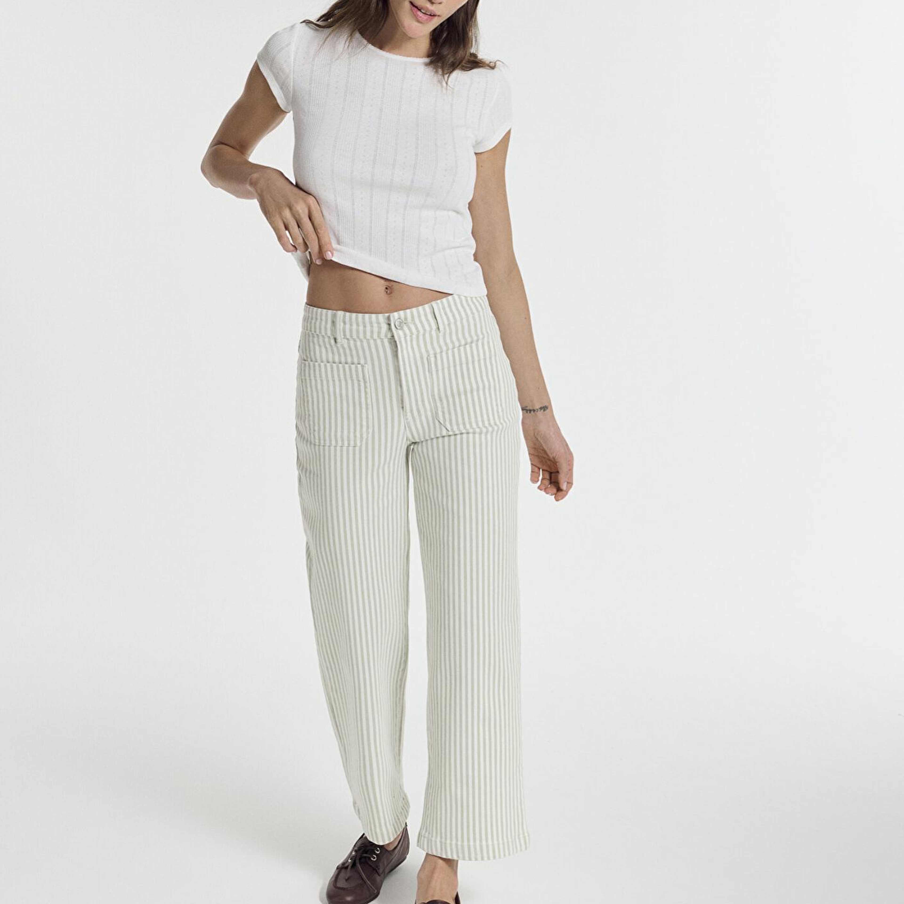 Mavi Yeşil Çizgili Ekru Pantolon 1011161-85171