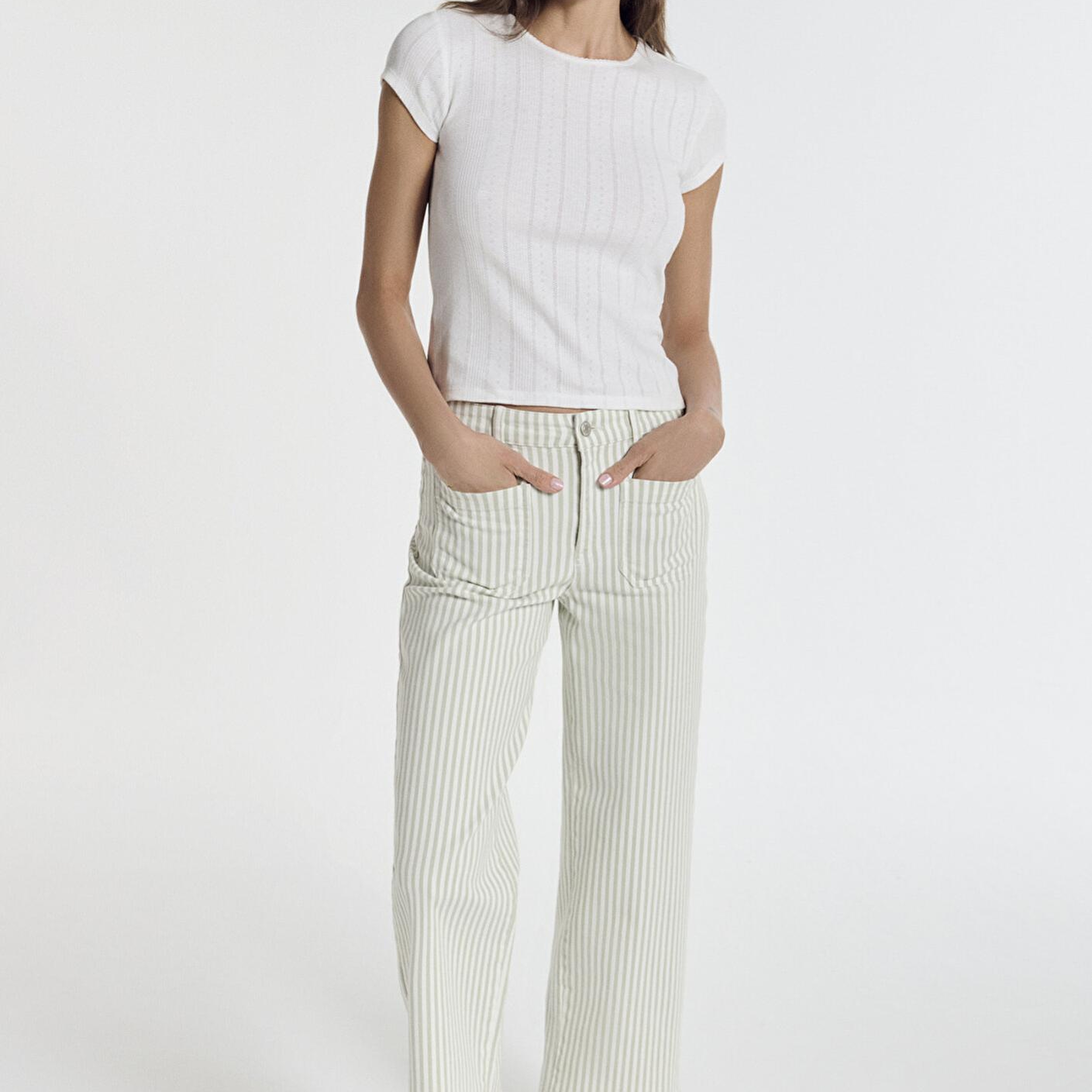 Mavi Yeşil Çizgili Ekru Pantolon 1011161-85171