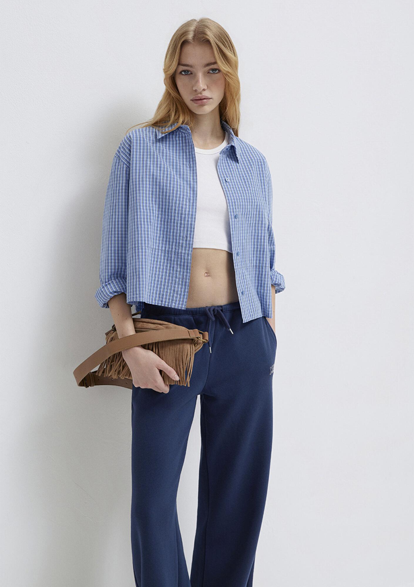 Mavi Ekose Mavi Crop Gömlek Loose Fit / Bol Rahat Kesim 1211401-83971