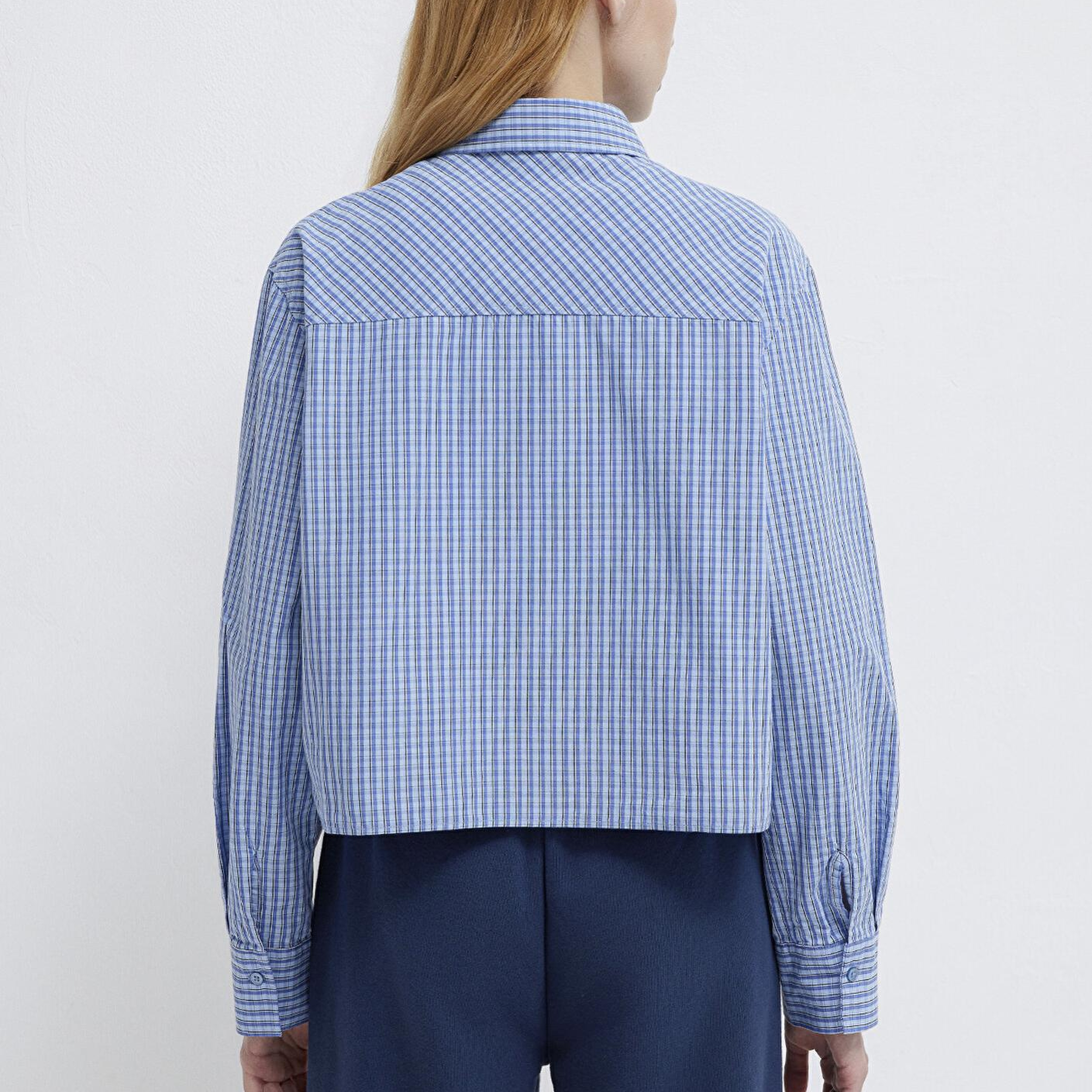 Mavi Ekose Mavi Crop Gömlek Loose Fit / Bol Rahat Kesim 1211401-83971