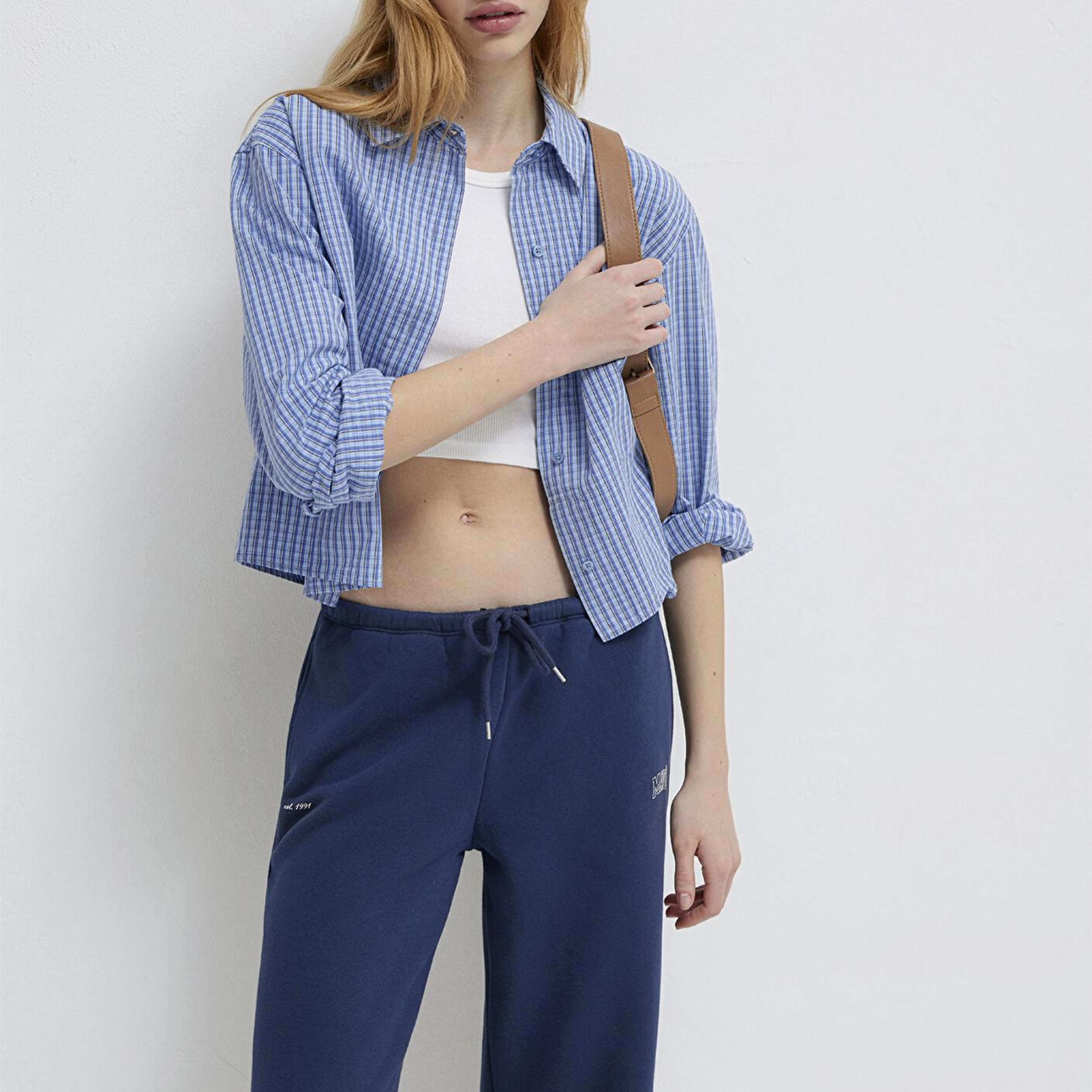 Mavi Ekose Mavi Crop Gömlek Loose Fit / Bol Rahat Kesim 1211401-83971