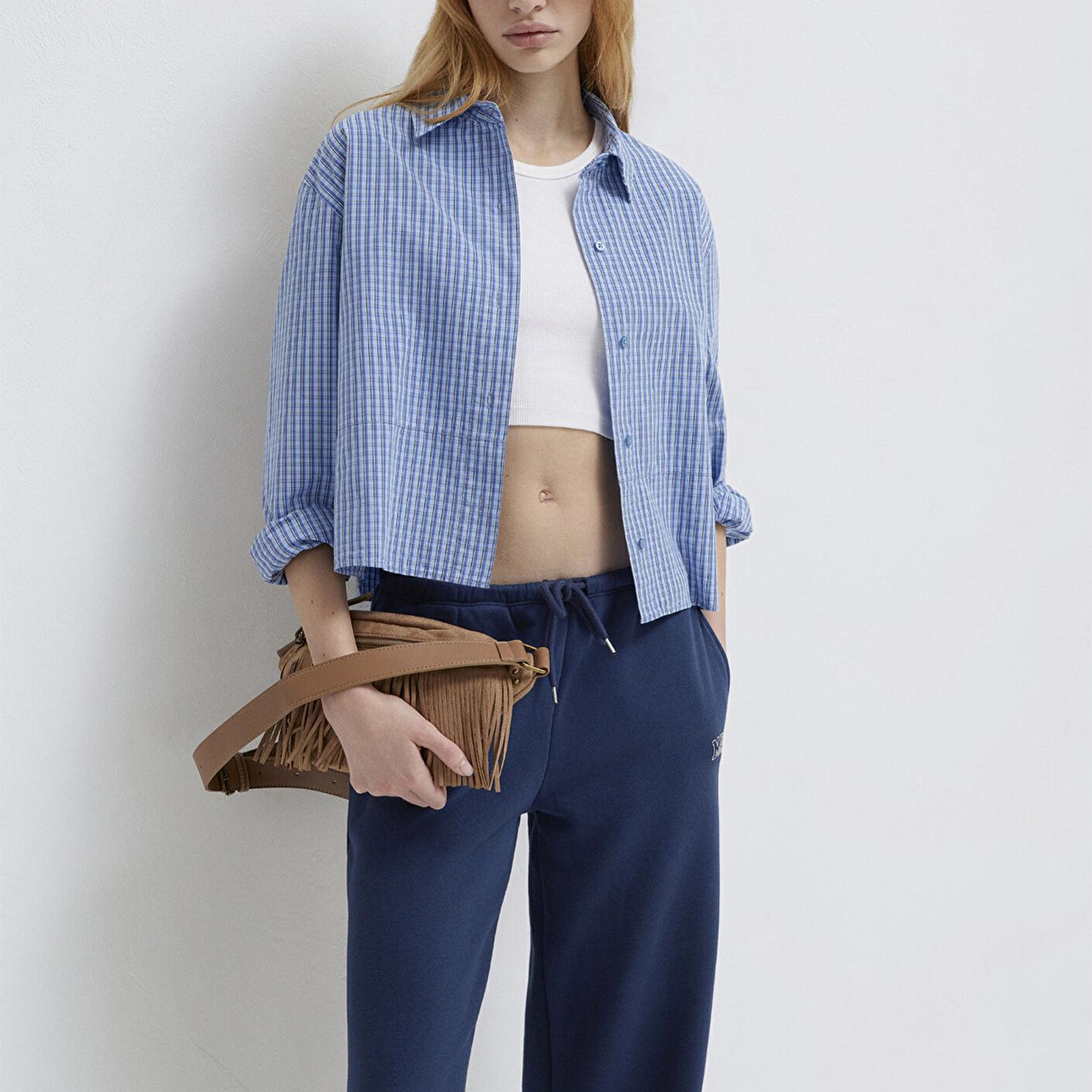 Mavi Ekose Mavi Crop Gömlek Loose Fit / Bol Rahat Kesim 1211401-83971