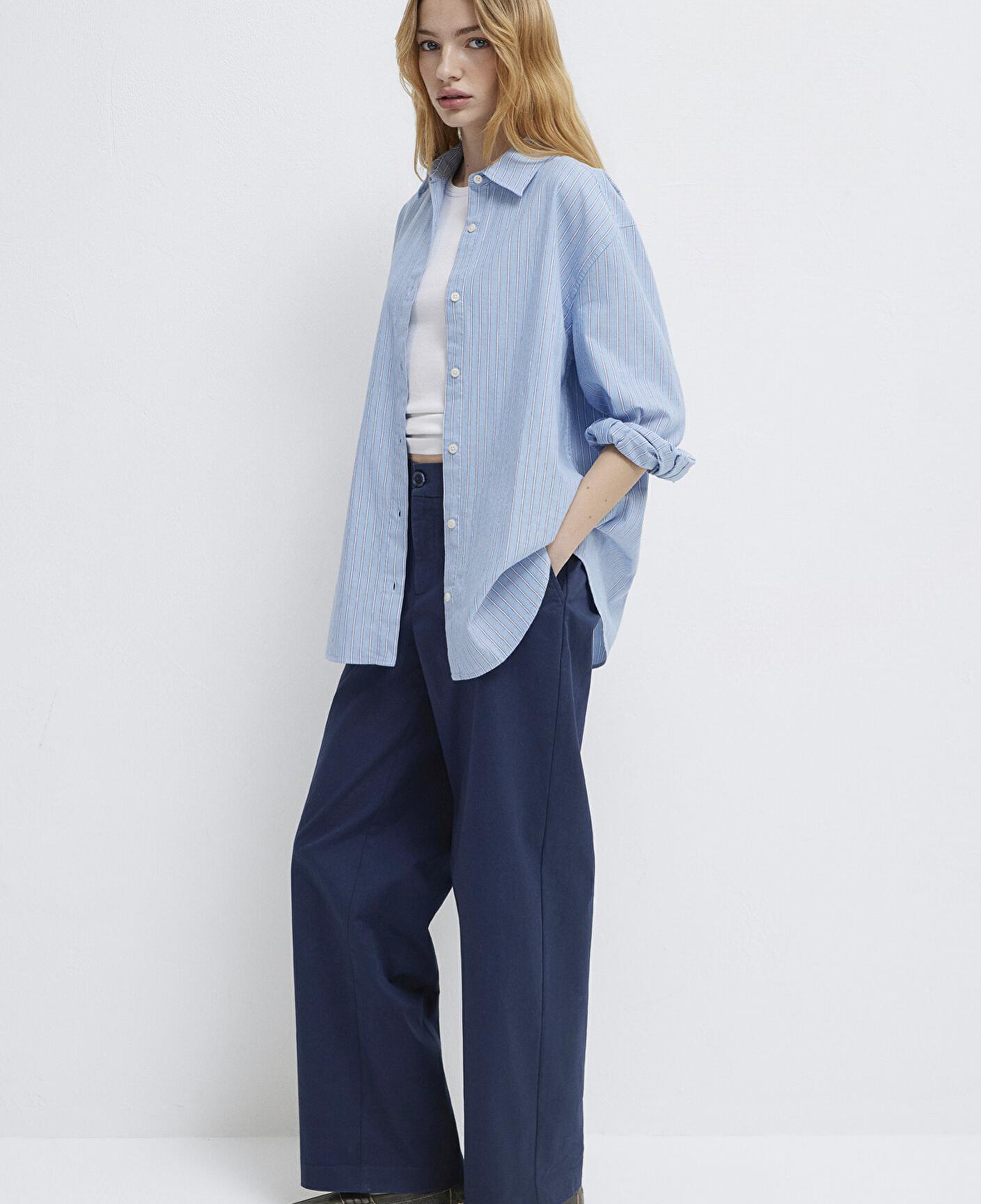 Mavi Çizgili Mavi Gömlek Oversize / Geniş Kesim 1211393-89326