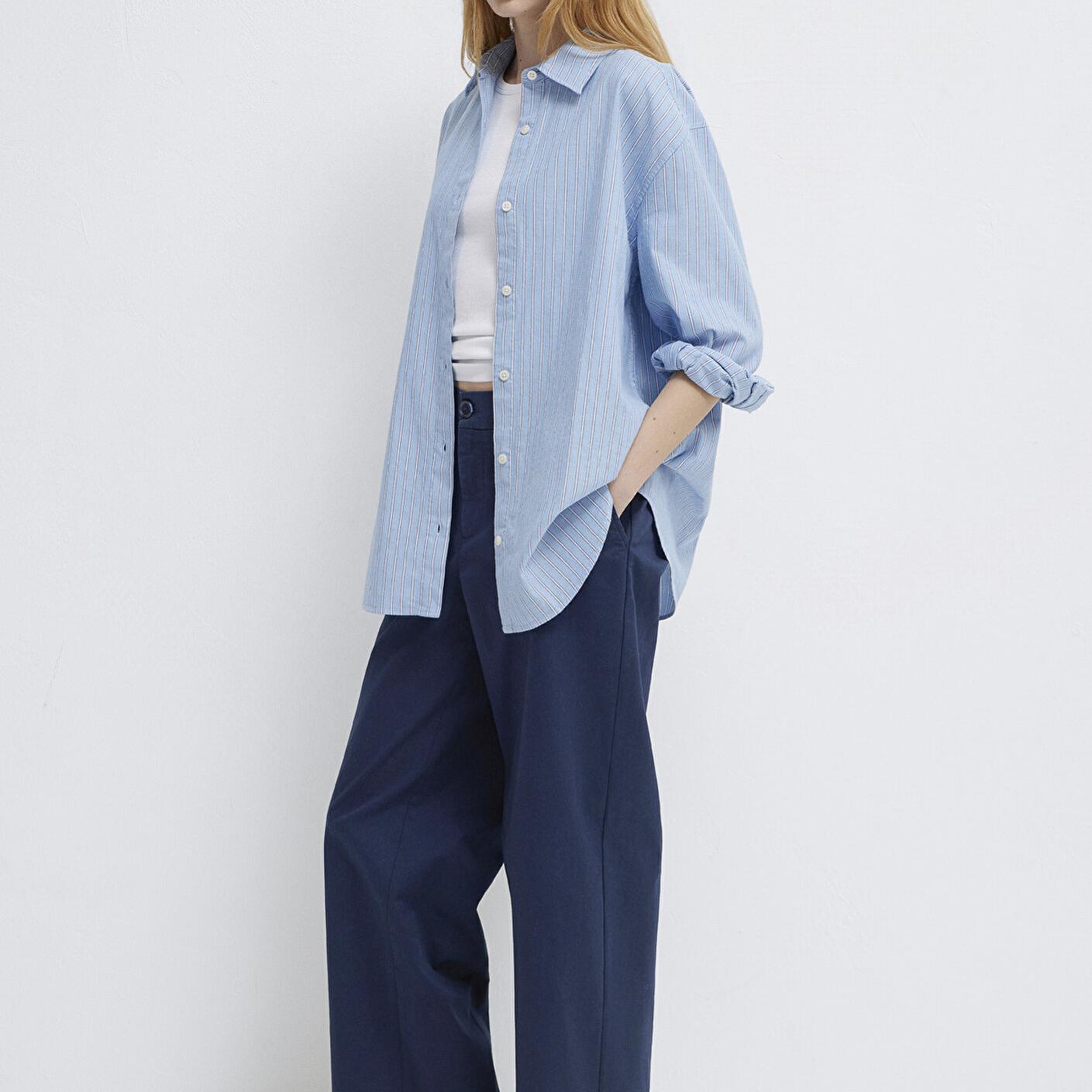 Mavi Çizgili Mavi Gömlek Oversize / Geniş Kesim 1211393-89326