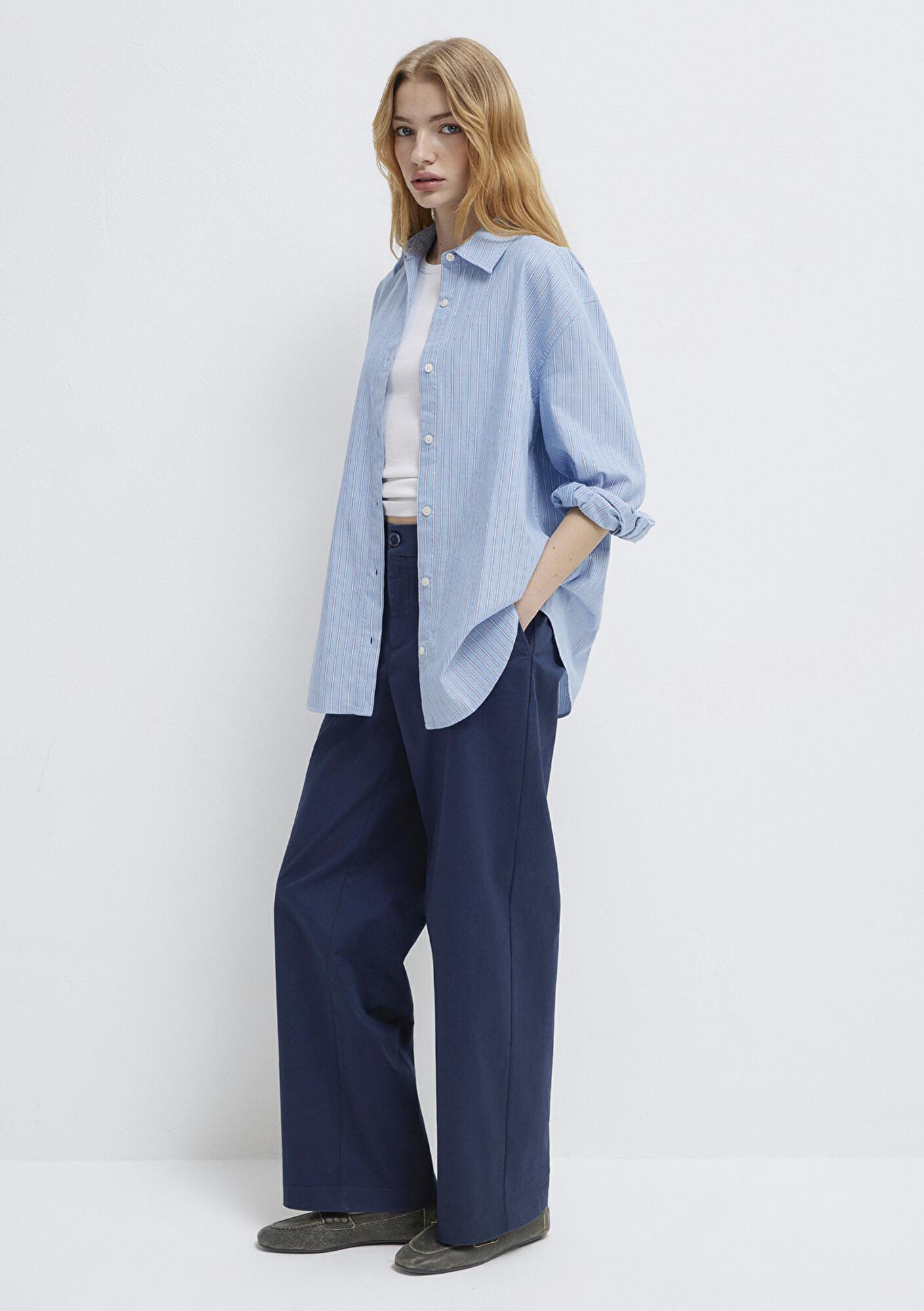 Mavi Çizgili Mavi Gömlek Oversize / Geniş Kesim 1211393-89326