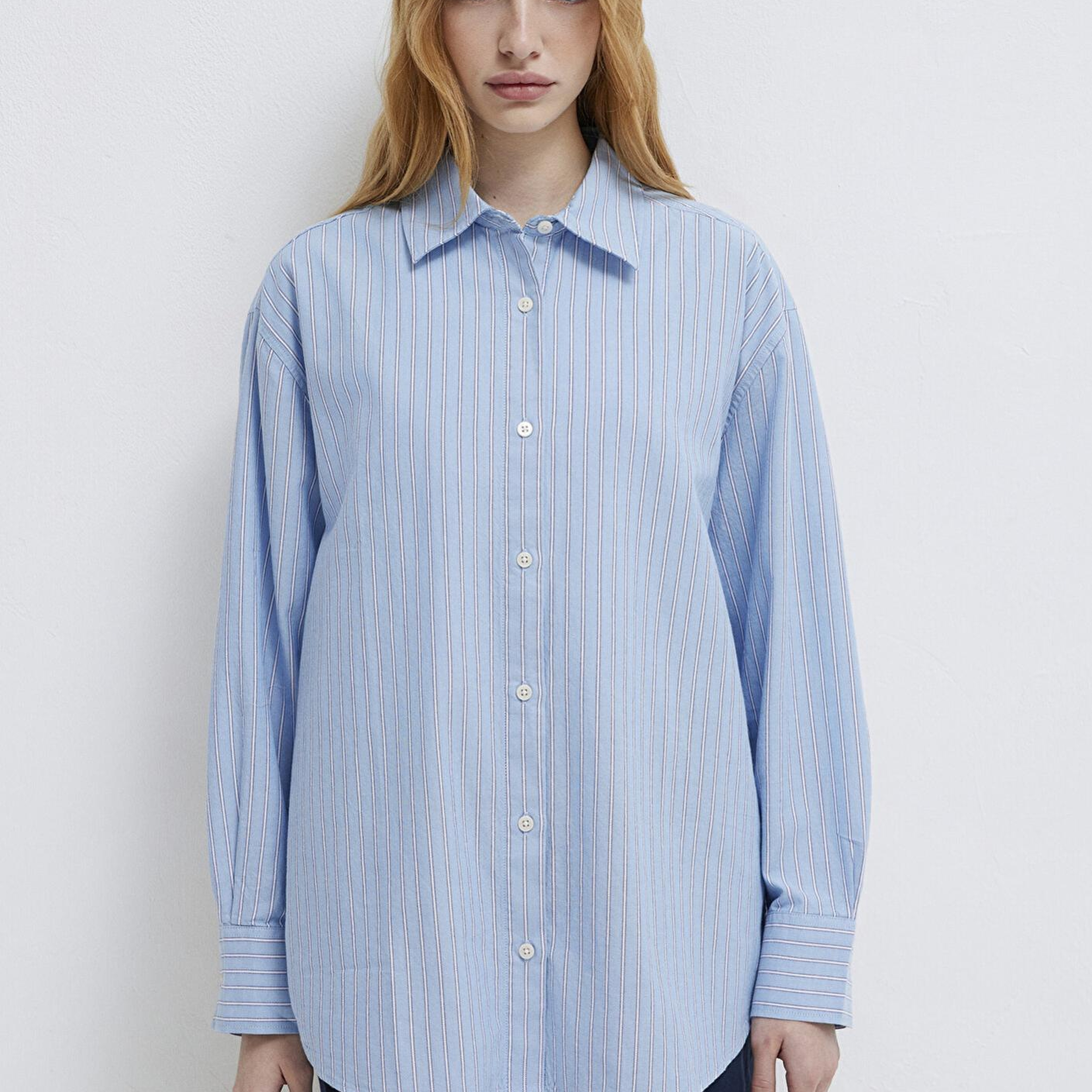 Mavi Çizgili Mavi Gömlek Oversize / Geniş Kesim 1211393-89326