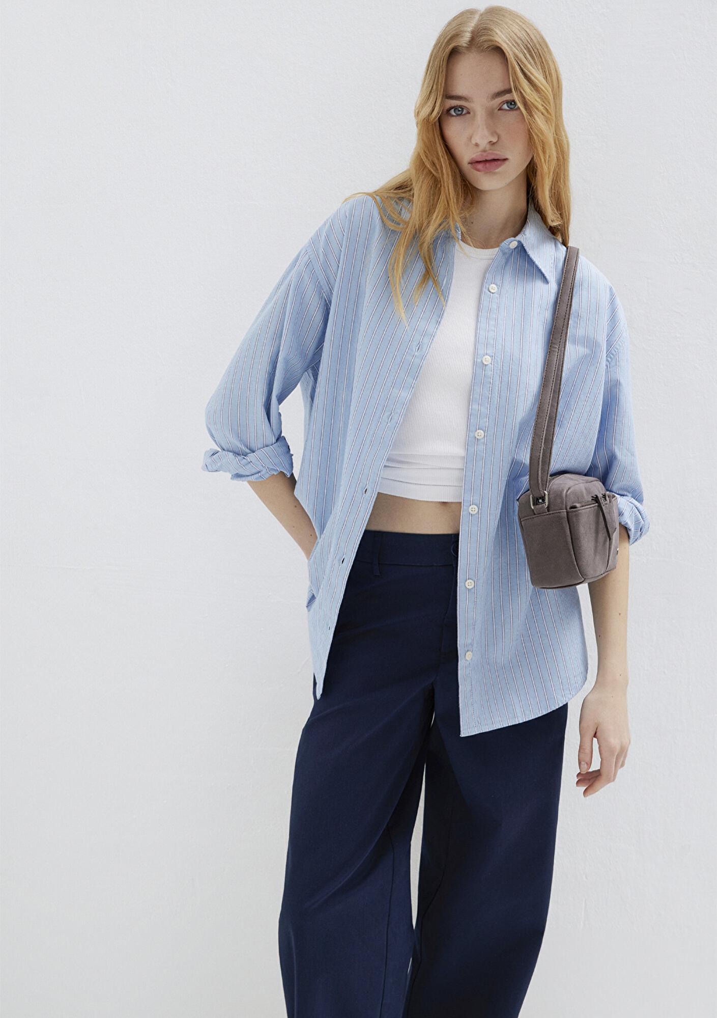 Mavi Çizgili Mavi Gömlek Oversize / Geniş Kesim 1211393-89326