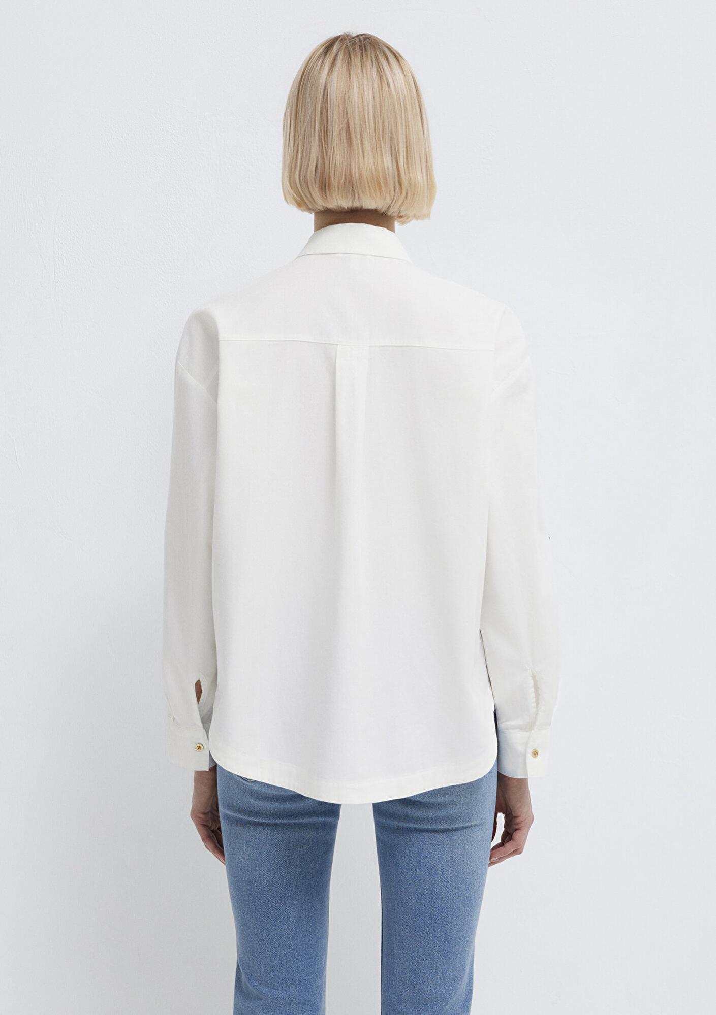 Mavi Düğme Detaylı Ekru Gömlek Loose Fit / Bol Rahat Kesim 1211383-70057