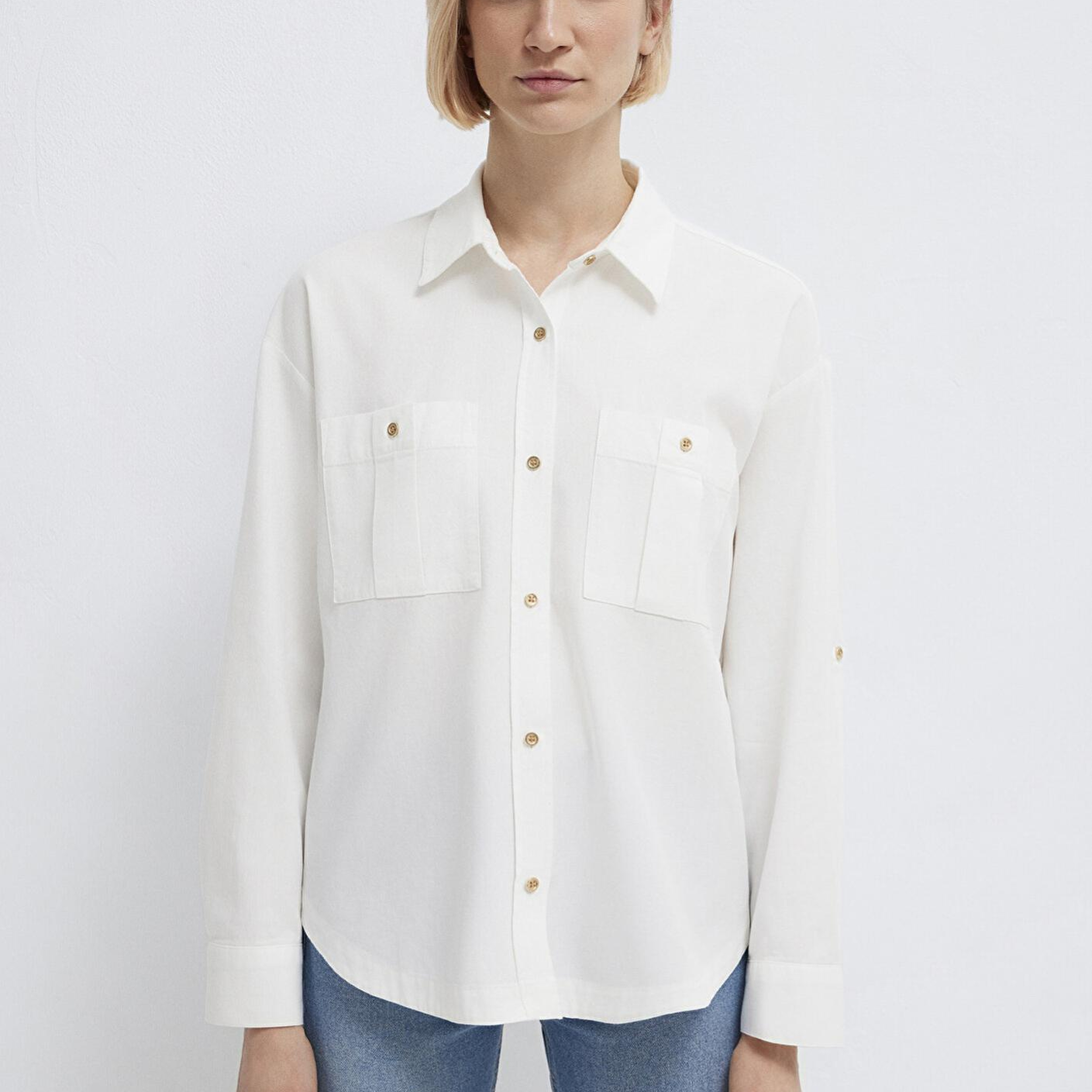 Mavi Düğme Detaylı Ekru Gömlek Loose Fit / Bol Rahat Kesim 1211383-70057