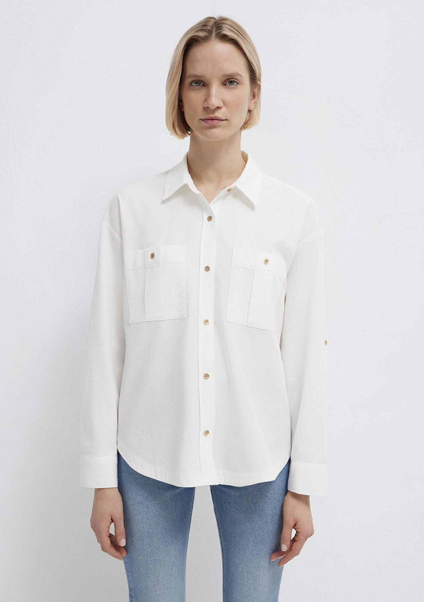 Mavi Düğme Detaylı Ekru Gömlek Loose Fit / Bol Rahat Kesim 1211383-70057