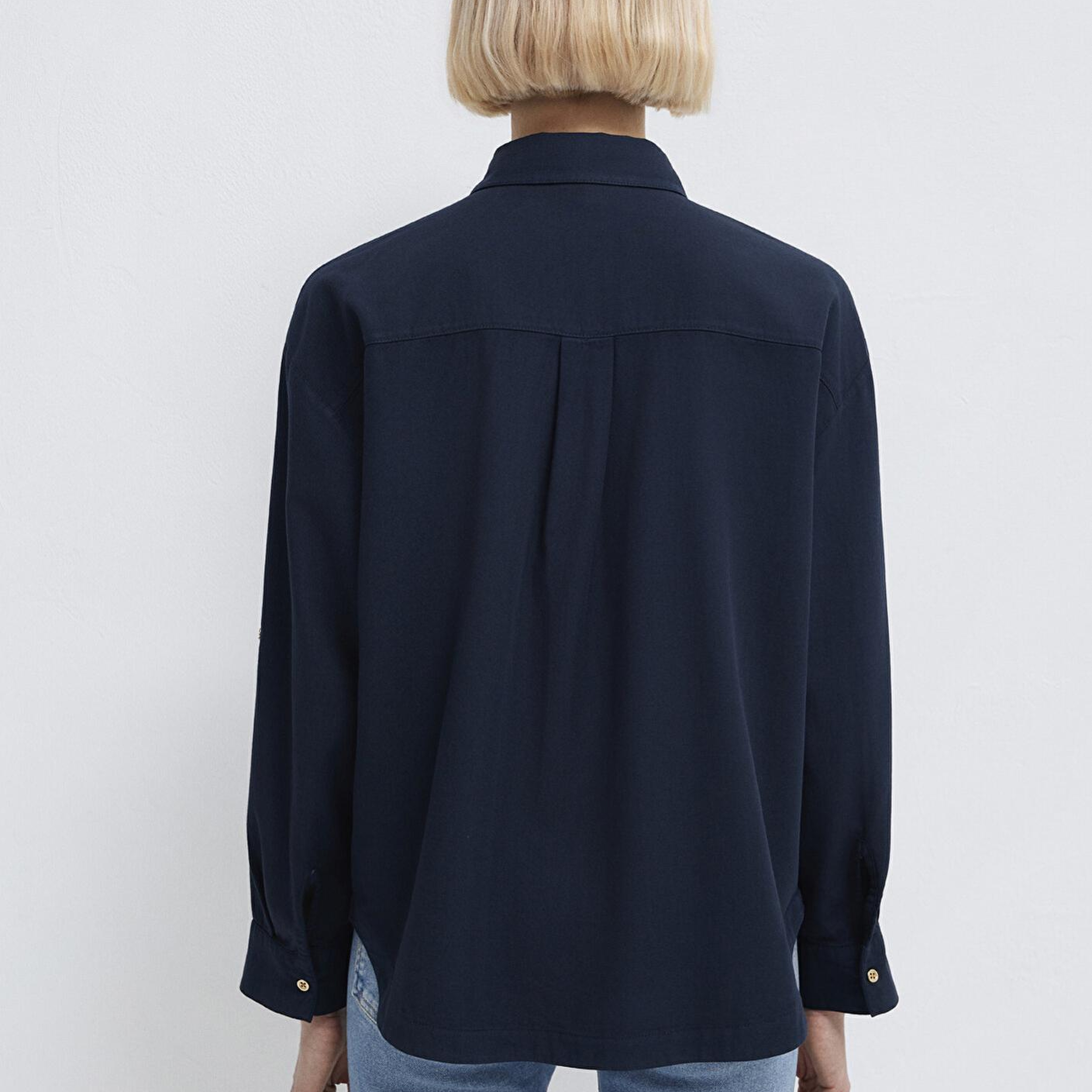 Mavi Düğme Detaylı Lacivert Gömlek Loose Fit / Bol Rahat Kesim 1211383-70492