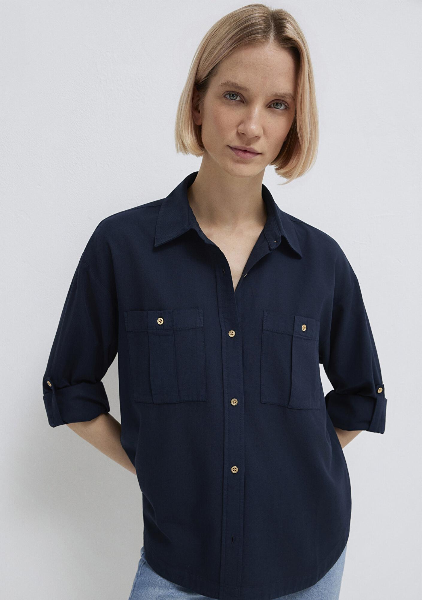 Mavi Düğme Detaylı Lacivert Gömlek Loose Fit / Bol Rahat Kesim 1211383-70492