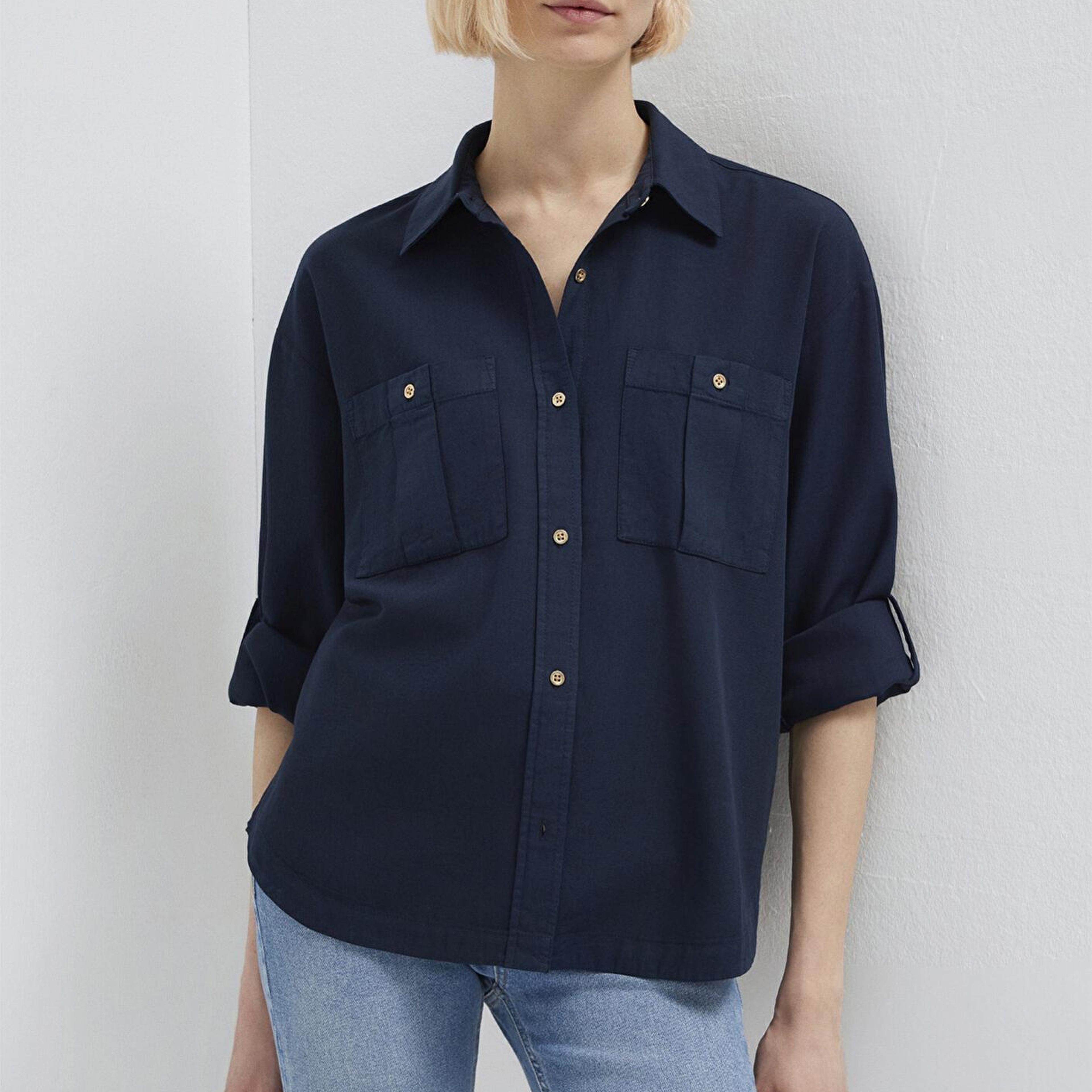 Mavi Düğme Detaylı Lacivert Gömlek Loose Fit / Bol Rahat Kesim 1211383-70492