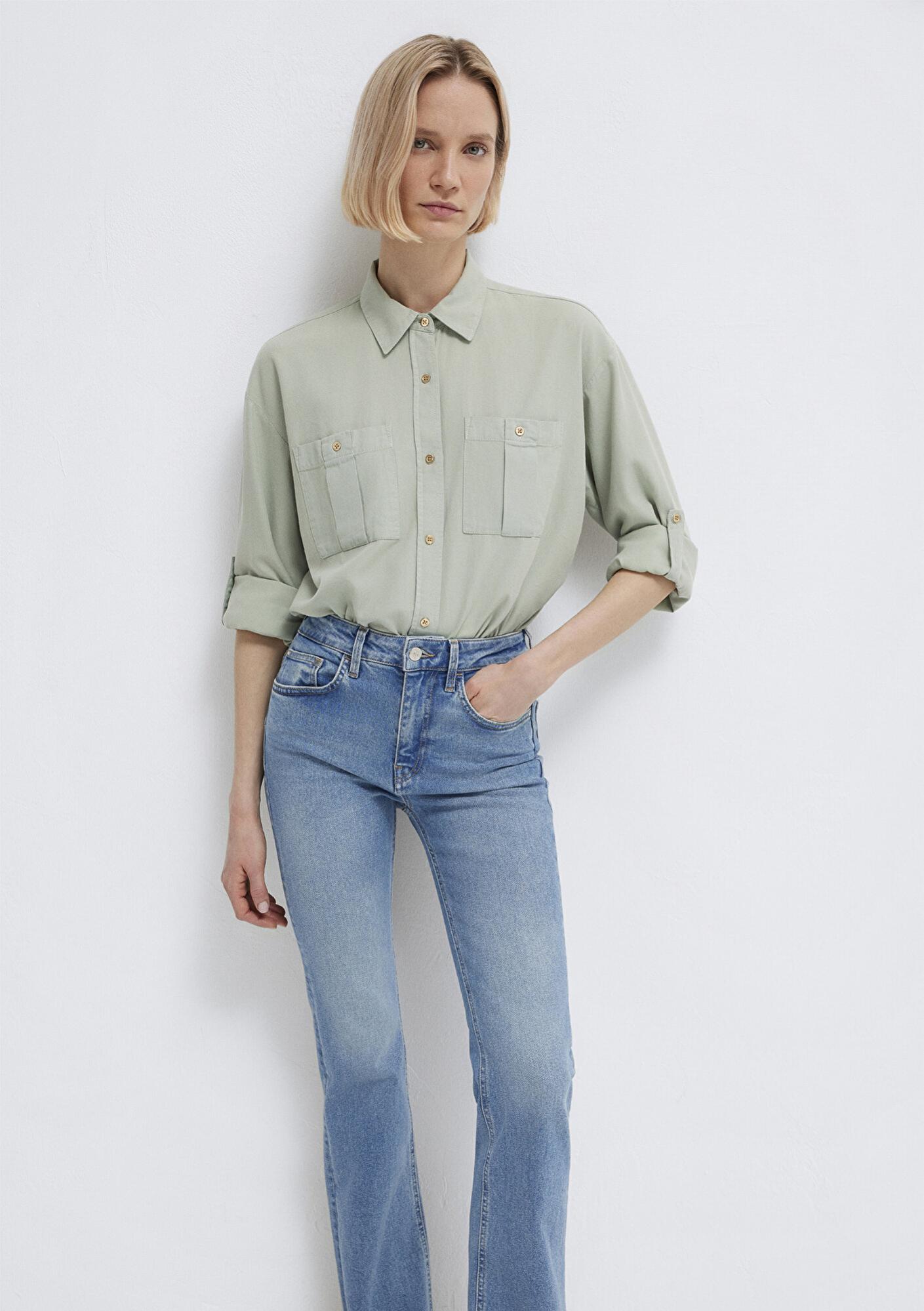 Mavi Düğme Detaylı Yeşil Gömlek Loose Fit / Bol Rahat Kesim 1211383-70113