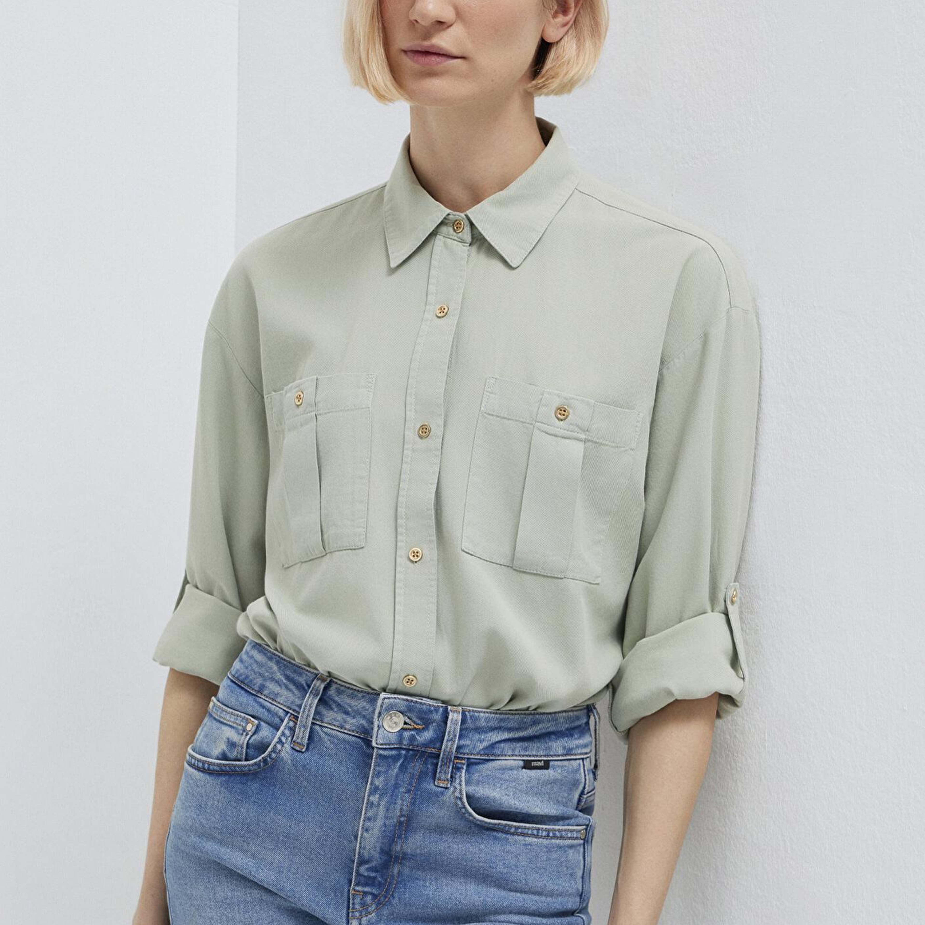 Mavi Düğme Detaylı Yeşil Gömlek Loose Fit / Bol Rahat Kesim 1211383-70113