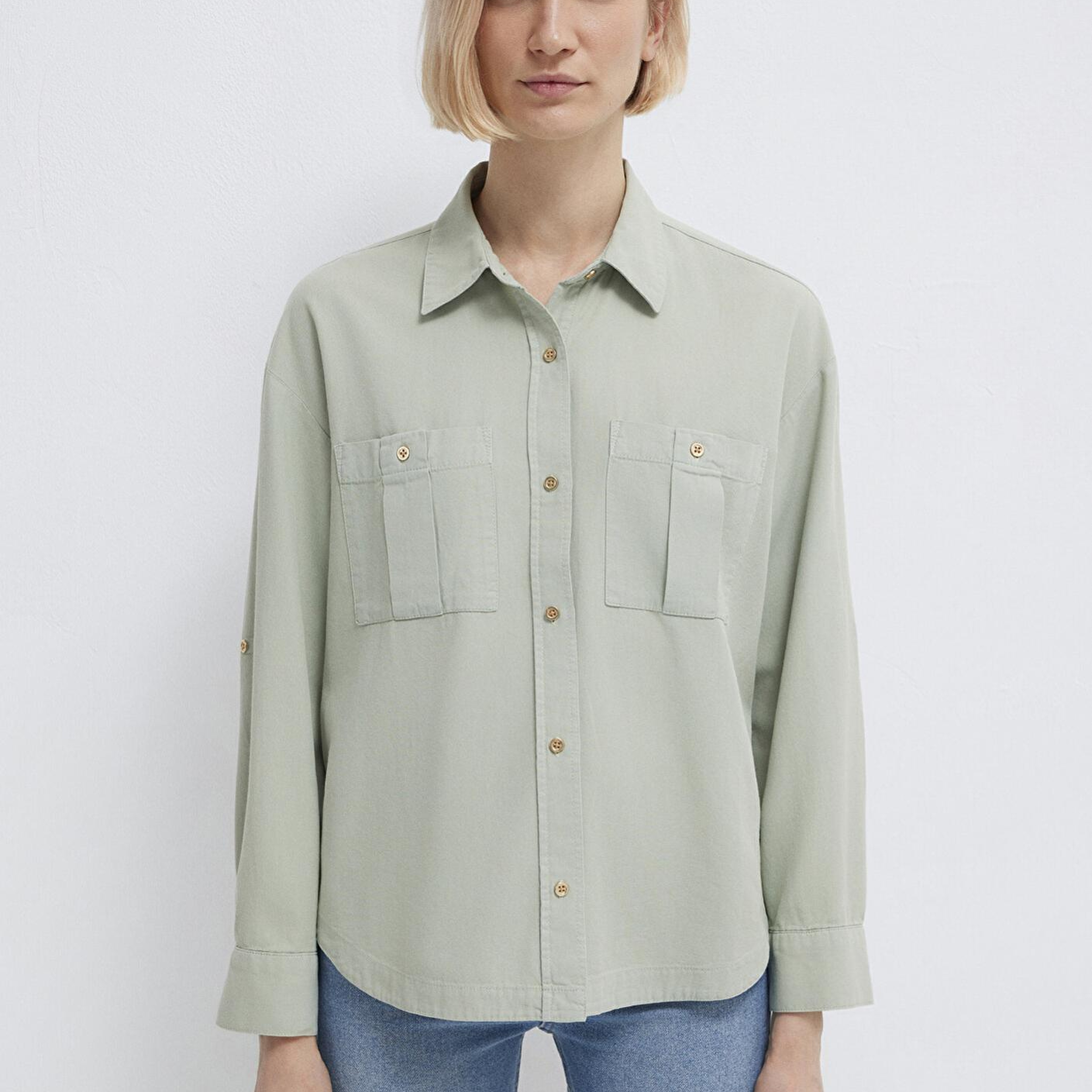 Mavi Düğme Detaylı Yeşil Gömlek Loose Fit / Bol Rahat Kesim 1211383-70113