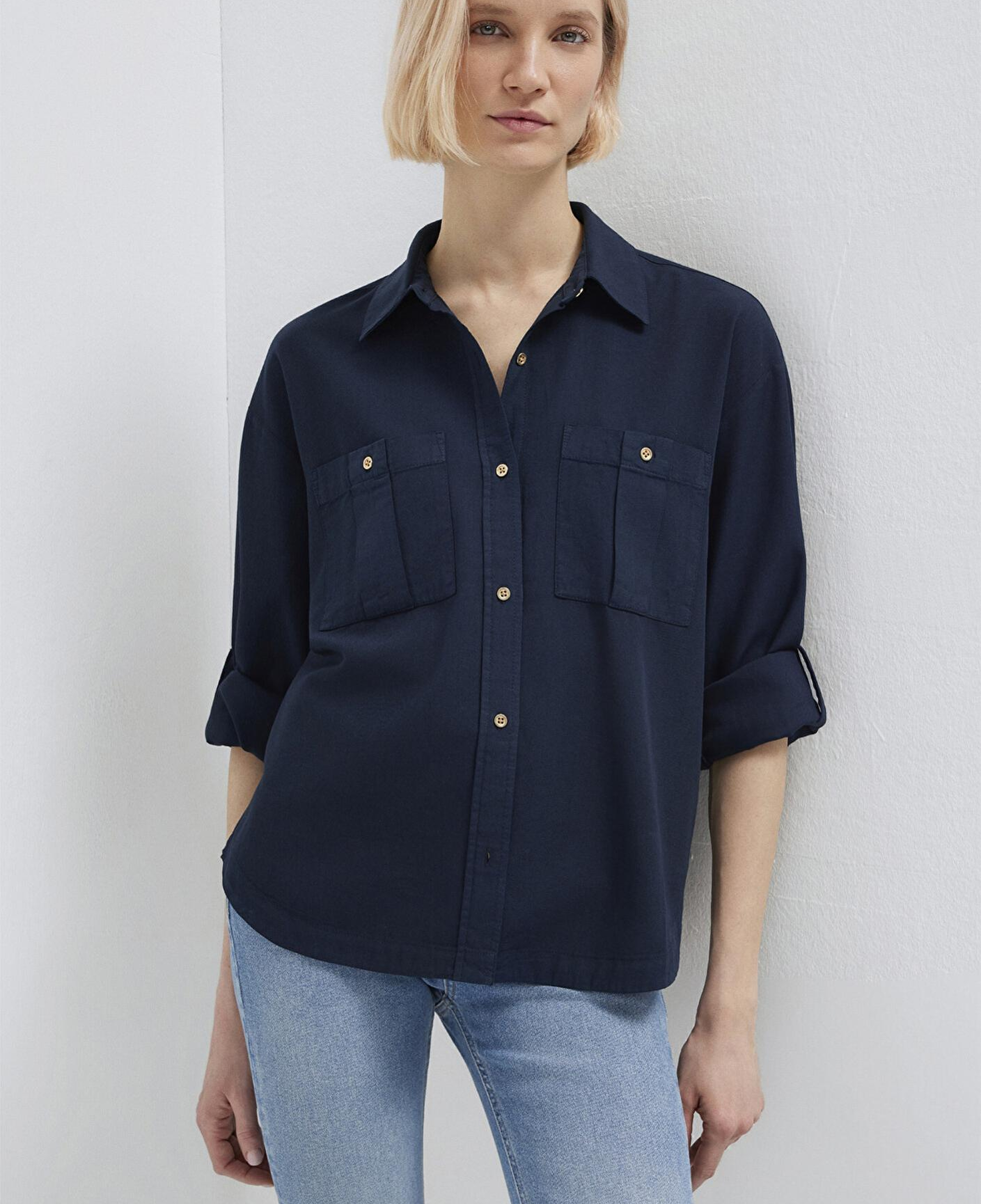 Mavi Düğme Detaylı Lacivert Gömlek Loose Fit / Bol Rahat Kesim 1211383-70492