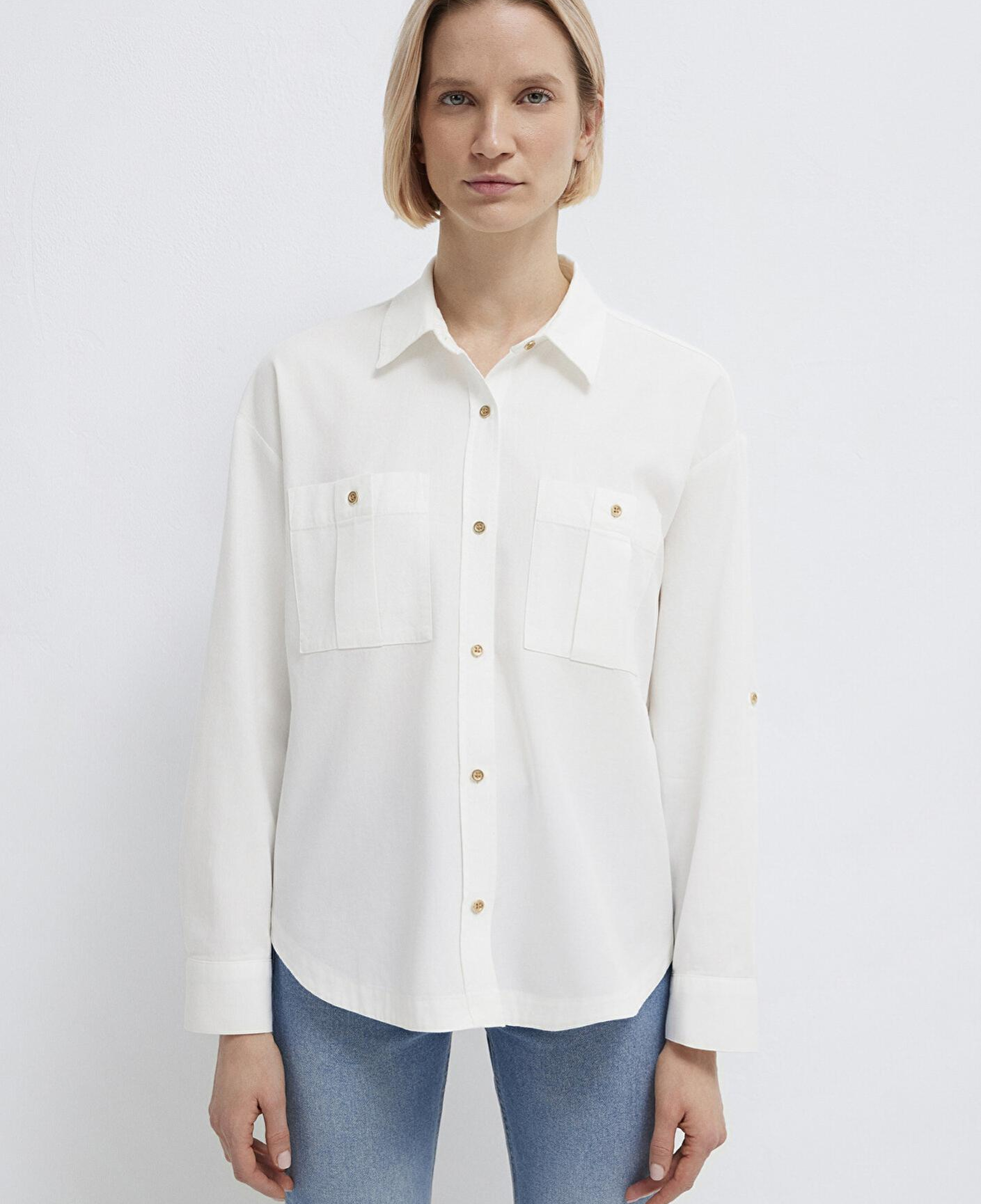 Mavi Düğme Detaylı Ekru Gömlek Loose Fit / Bol Rahat Kesim 1211383-70057