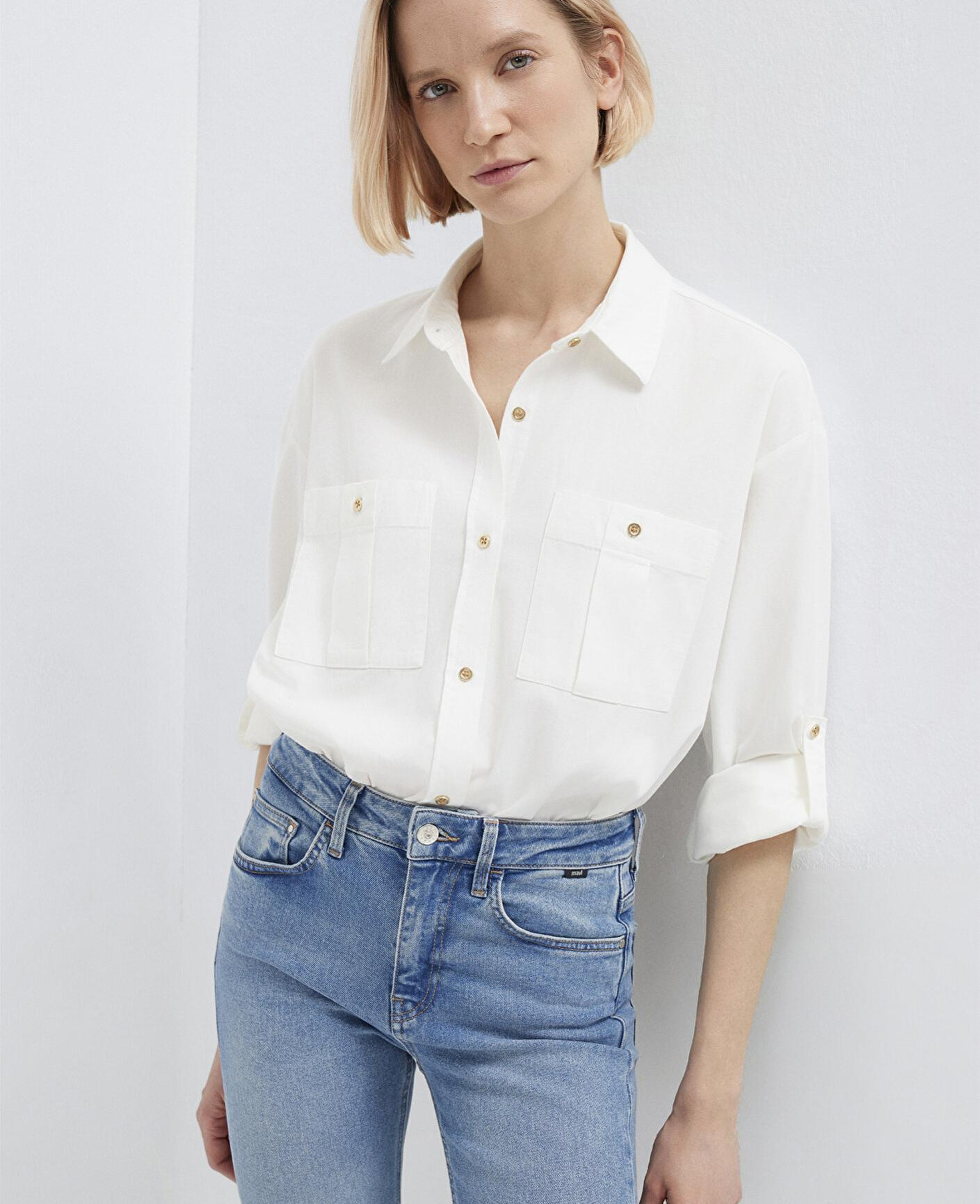 Mavi Düğme Detaylı Ekru Gömlek Loose Fit / Bol Rahat Kesim 1211383-70057