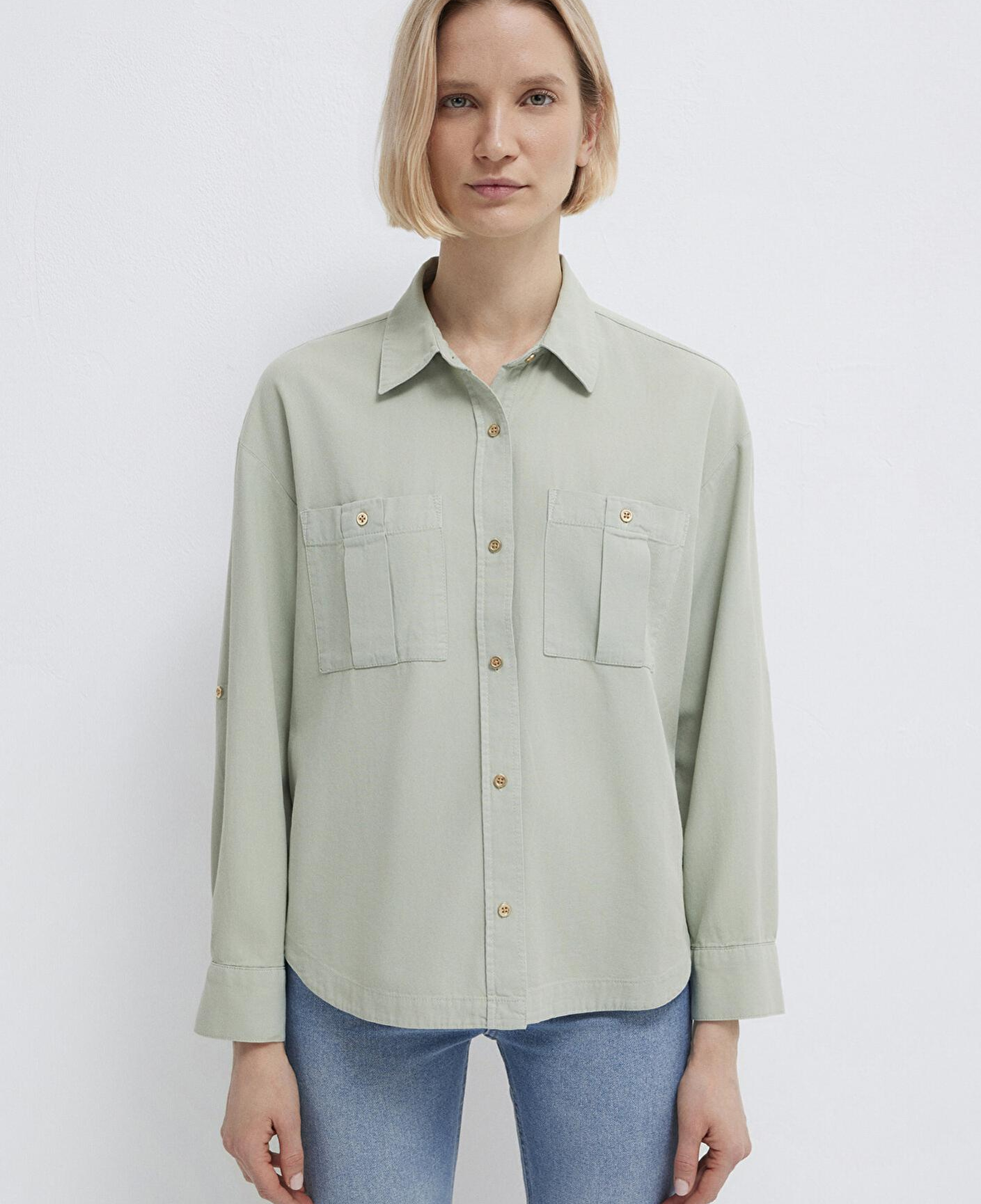 Mavi Düğme Detaylı Yeşil Gömlek Loose Fit / Bol Rahat Kesim 1211383-70113