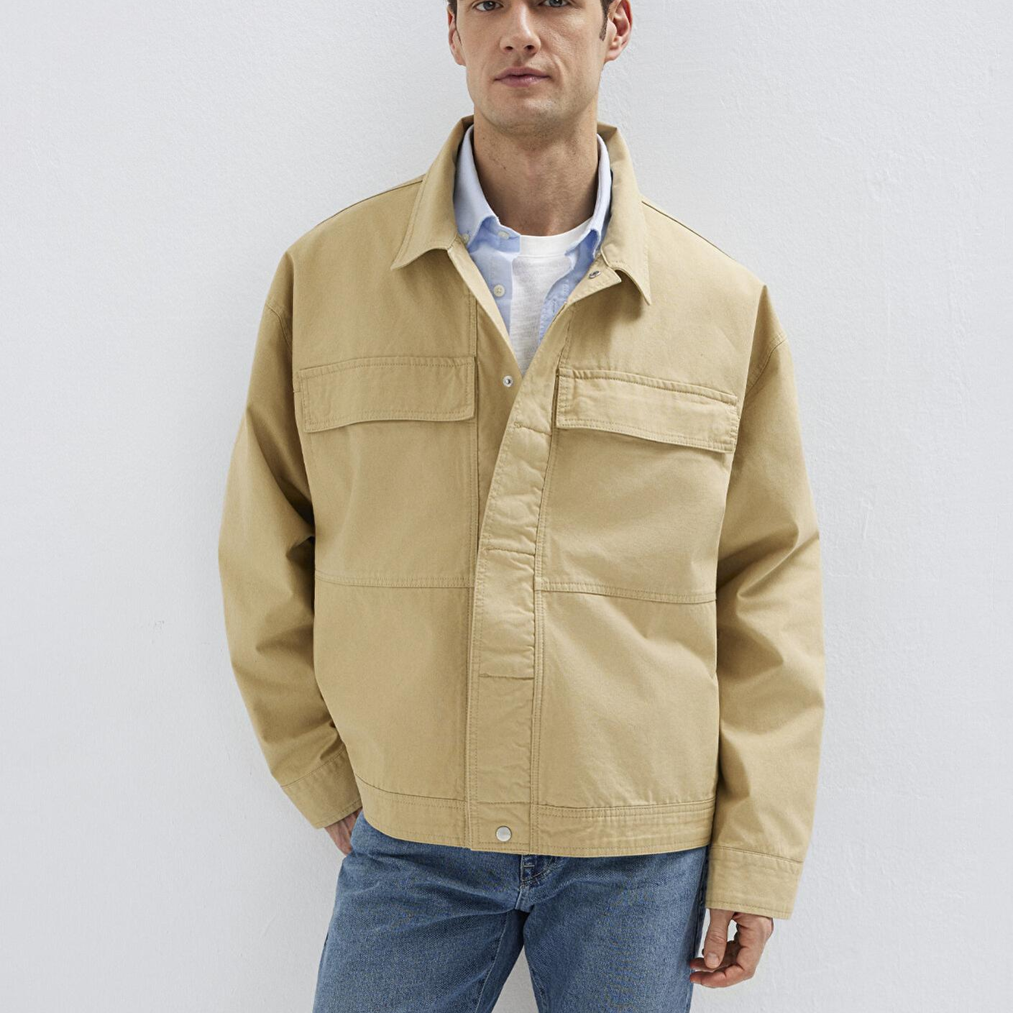 Mavi Cep Detaylı Bej İnce Ceket Loose Fit / Bol Rahat Kesim 0211872-70204