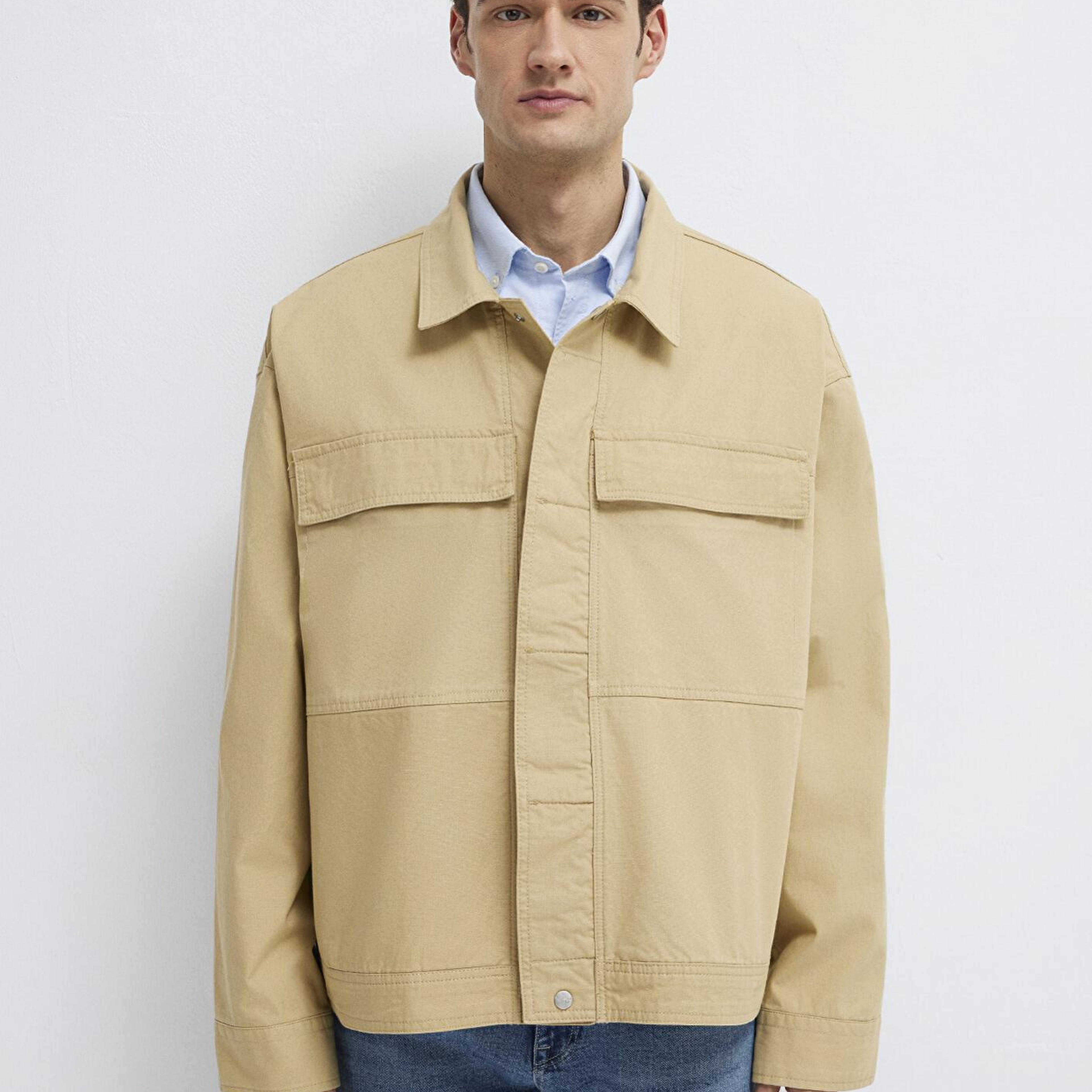 Mavi Cep Detaylı Bej İnce Ceket Loose Fit / Bol Rahat Kesim 0211872-70204