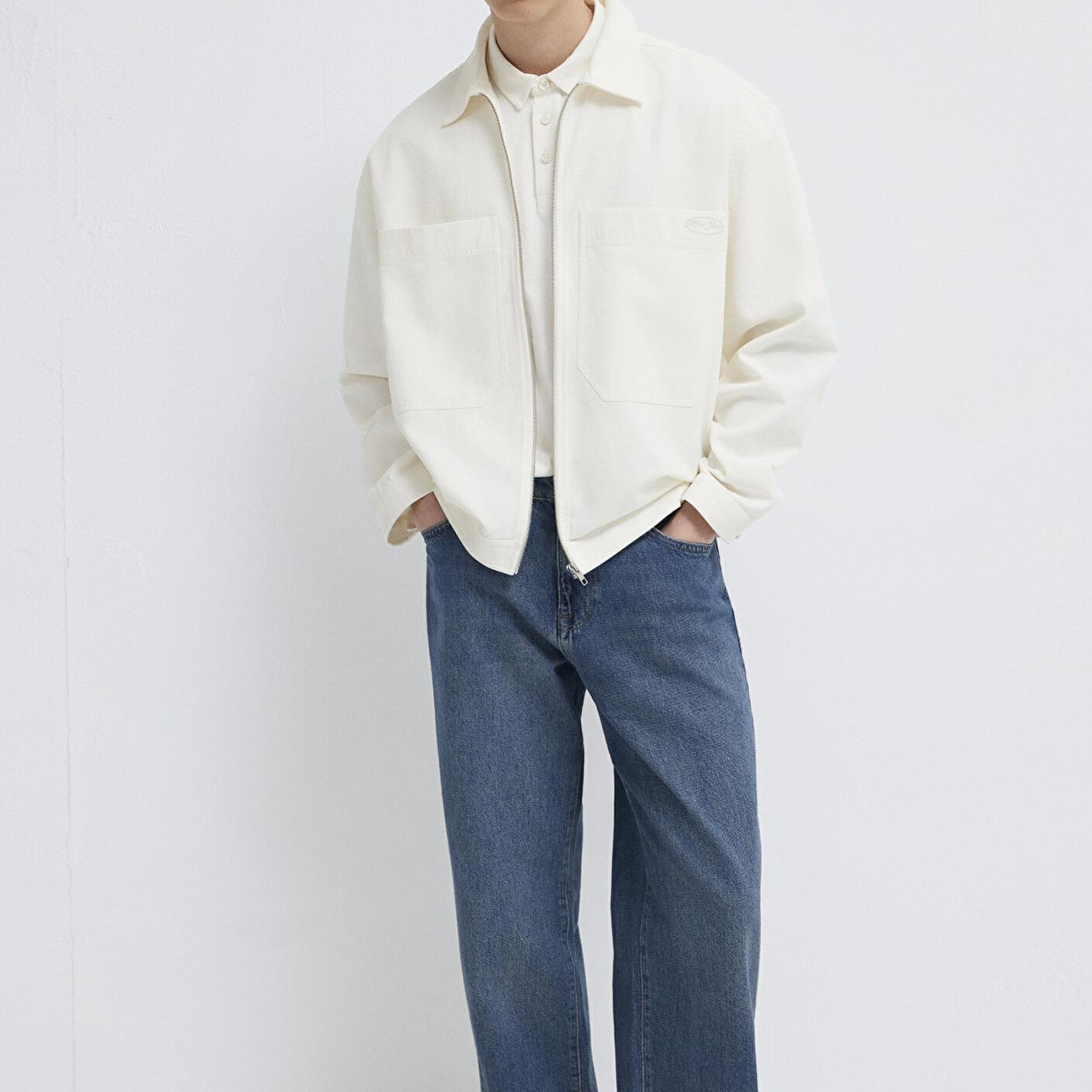 Mavi Cep Detaylı Ekru İnce Ceket Oversize / Geniş Kesim 0211861-70057