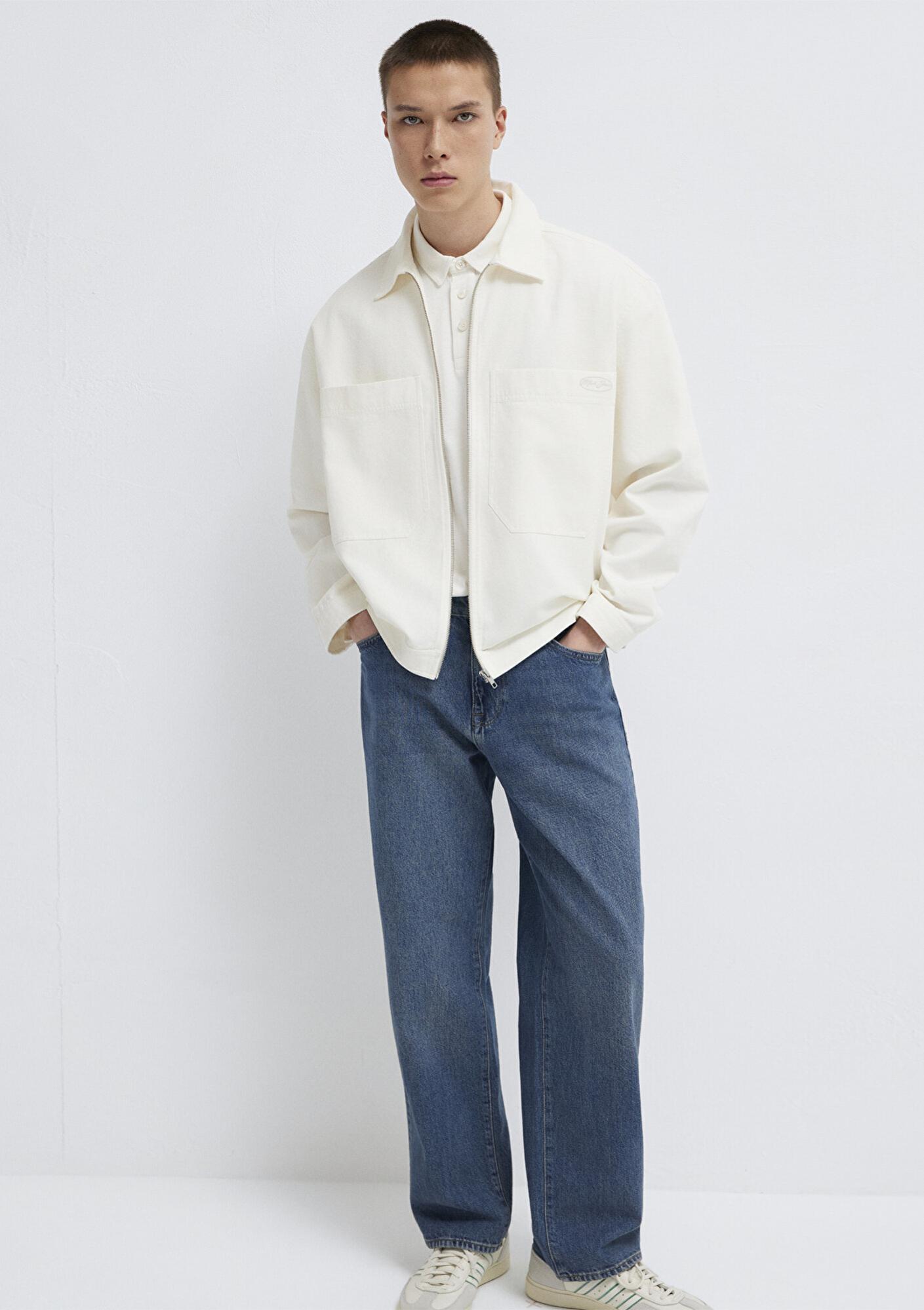 Mavi Cep Detaylı Ekru İnce Ceket Oversize / Geniş Kesim 0211861-70057