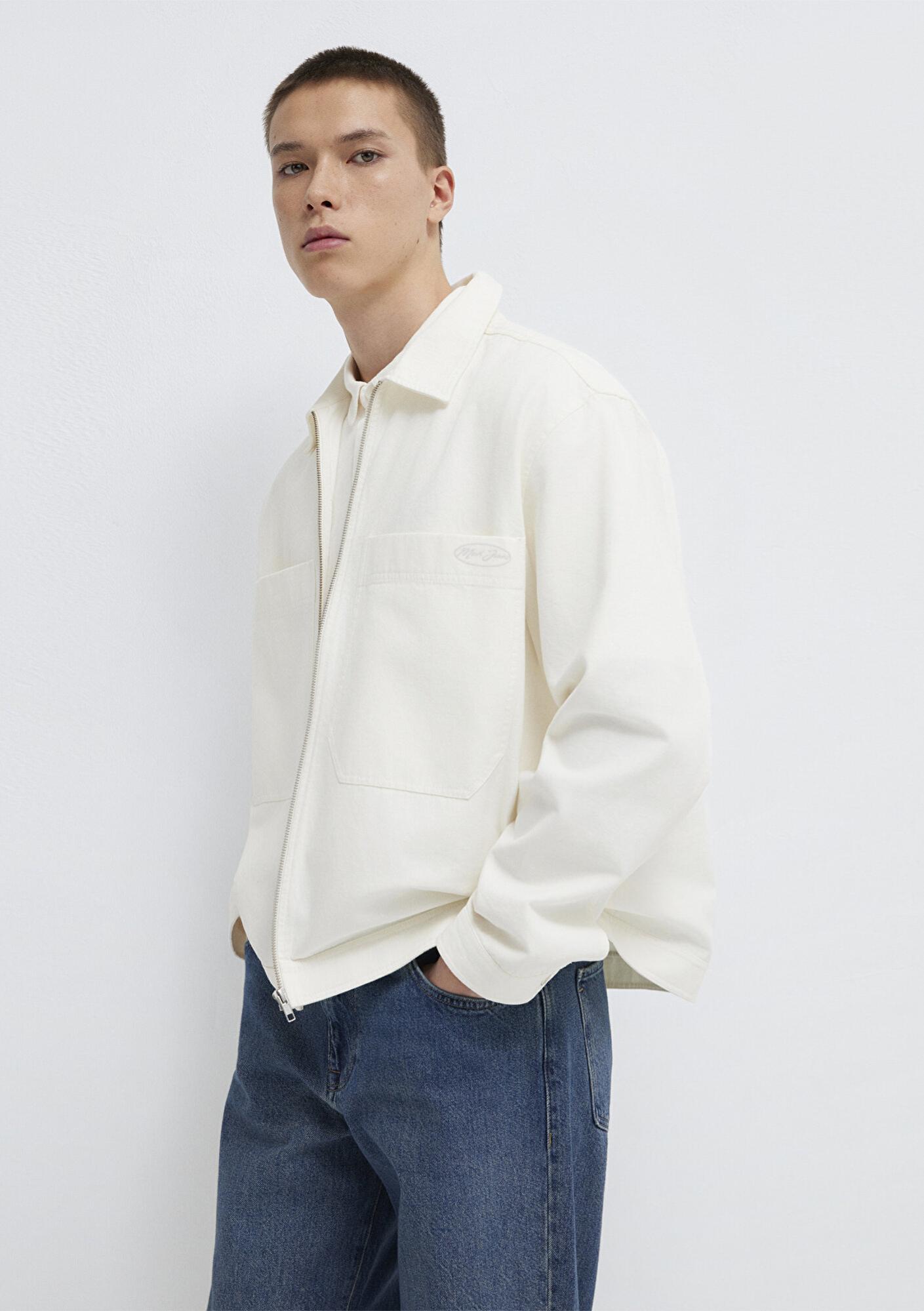 Mavi Cep Detaylı Ekru İnce Ceket Oversize / Geniş Kesim 0211861-70057