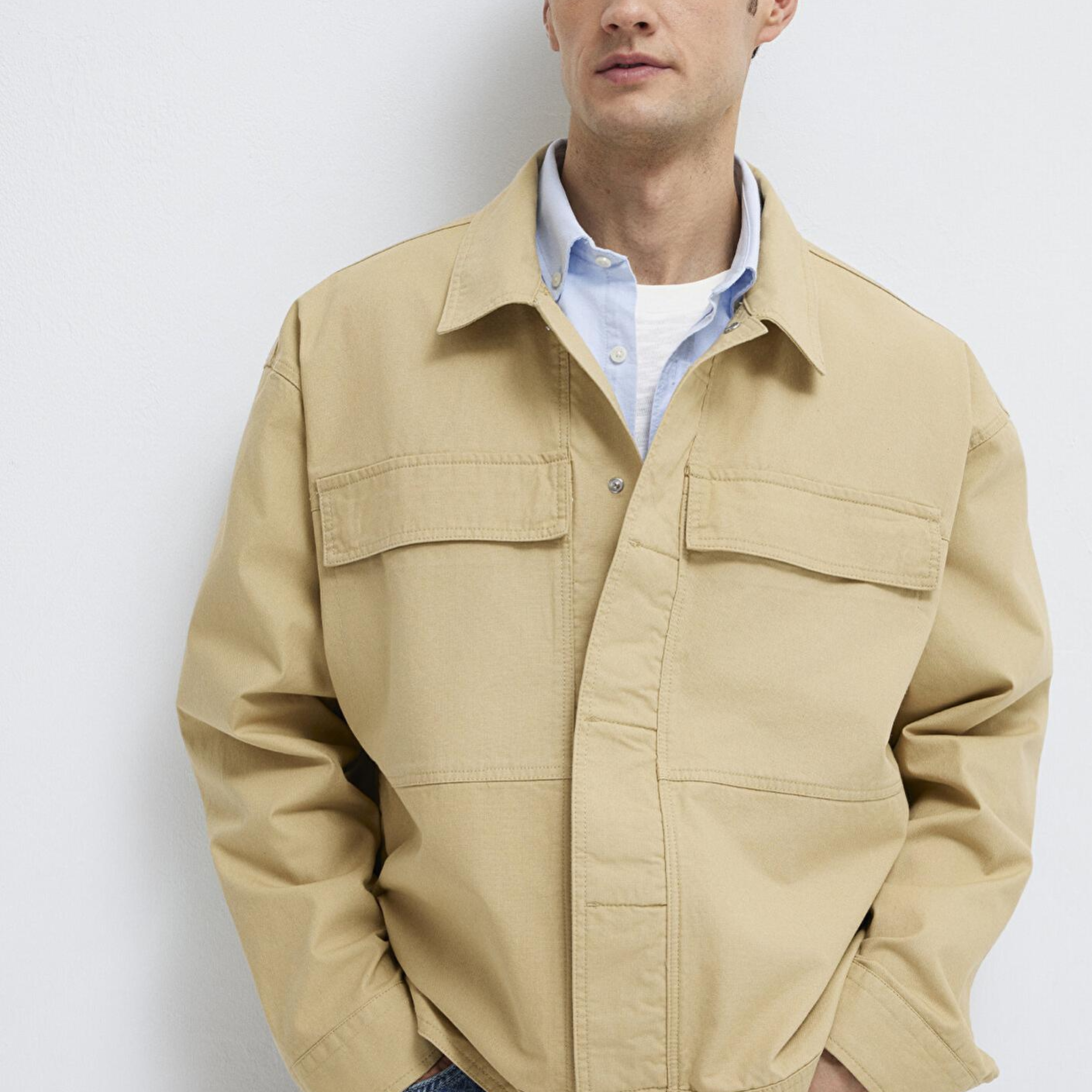 Mavi Cep Detaylı Bej İnce Ceket Loose Fit / Bol Rahat Kesim 0211872-70204