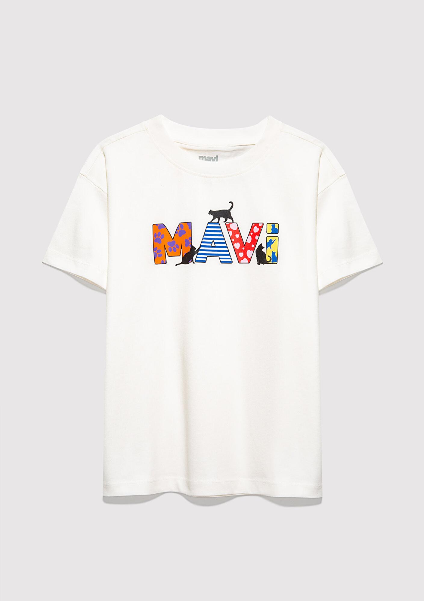 Mavi Mavi Logo Baskılı Ekru Tişört Loose Fit / Bol Rahat Kesim 7610426-70057