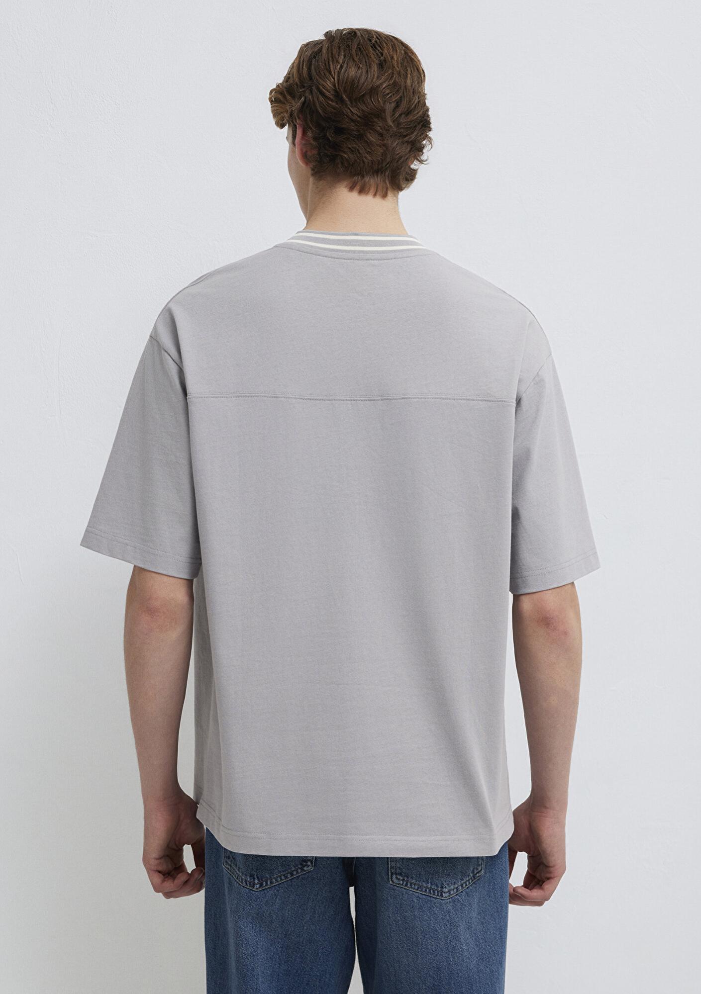 Mavi Mavi Jeans Nakışlı V Yaka Gri Tişört Oversize / Geniş Kesim 0613171-80615