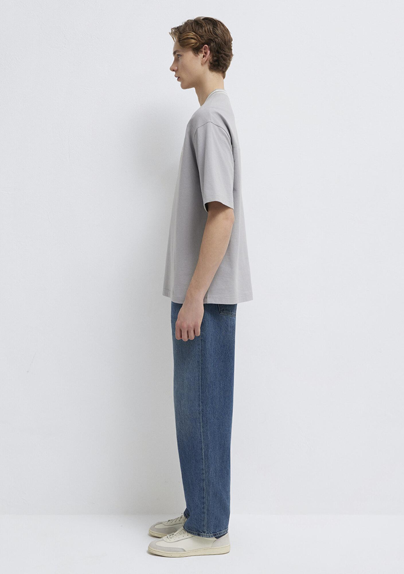 Mavi Mavi Jeans Nakışlı V Yaka Gri Tişört Oversize / Geniş Kesim 0613171-80615