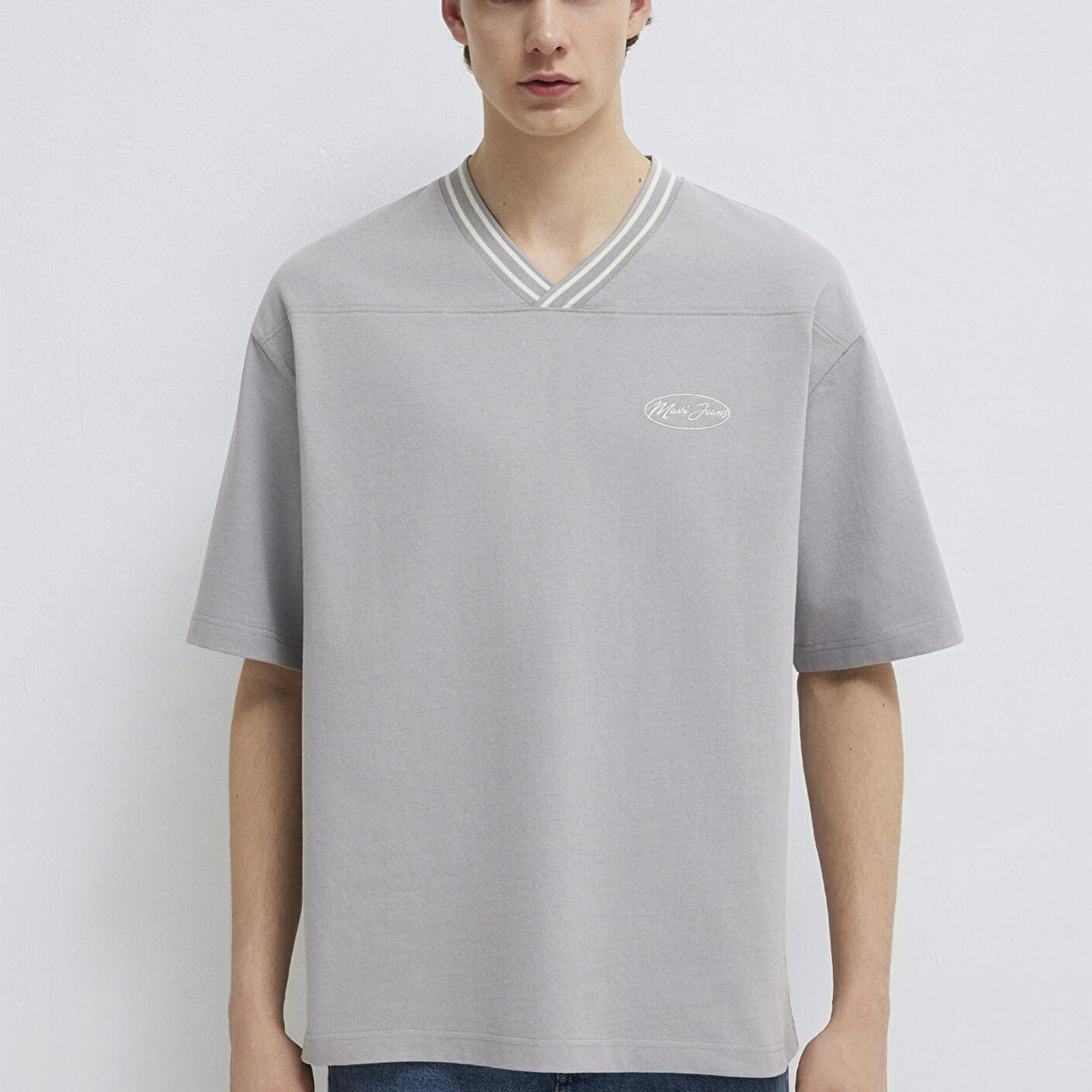 Mavi Mavi Jeans Nakışlı V Yaka Gri Tişört Oversize / Geniş Kesim 0613171-80615